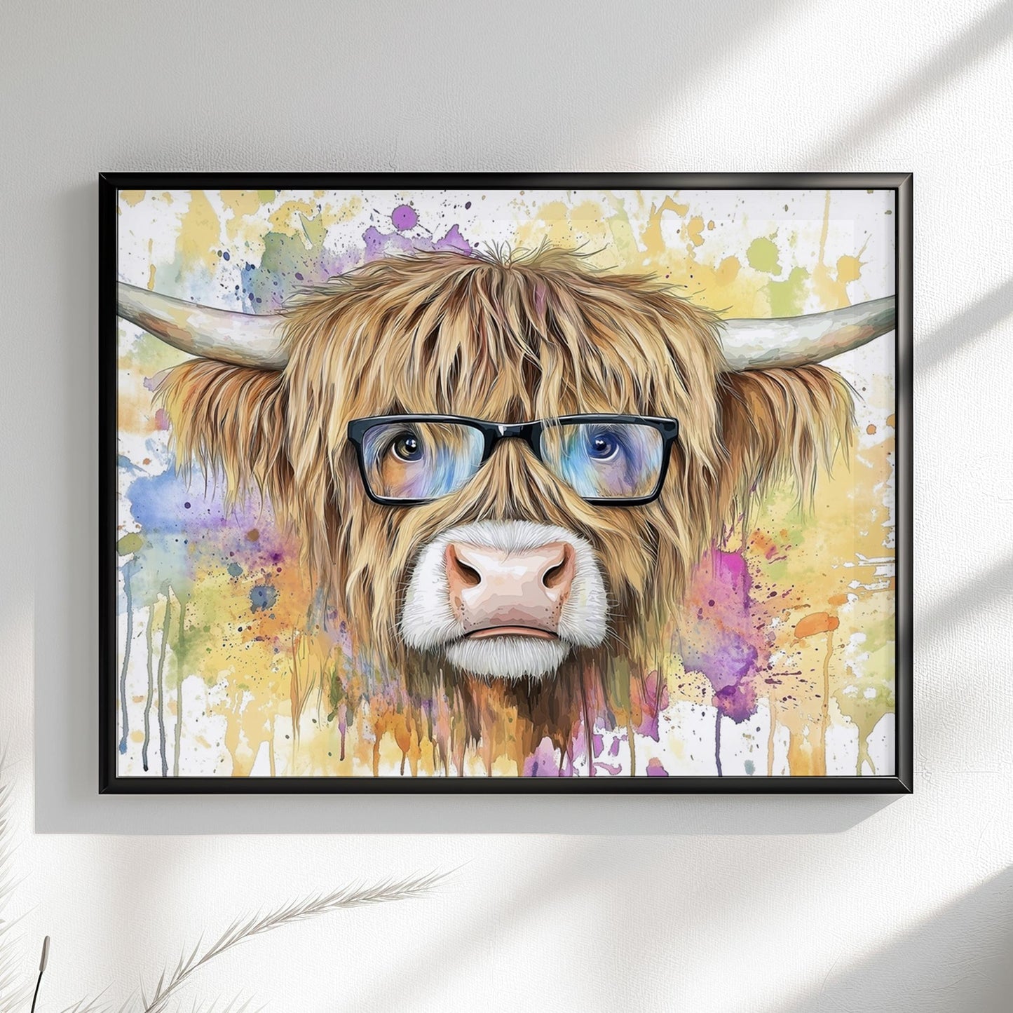 Highland Cow with Glasses Canvas / Poster Print. Watercolour Paint Splash Wall Decor Gifts Scottish Shaggy Cow Painting Farm Animal Farmer - CanvasityCrafts - Free Shipping