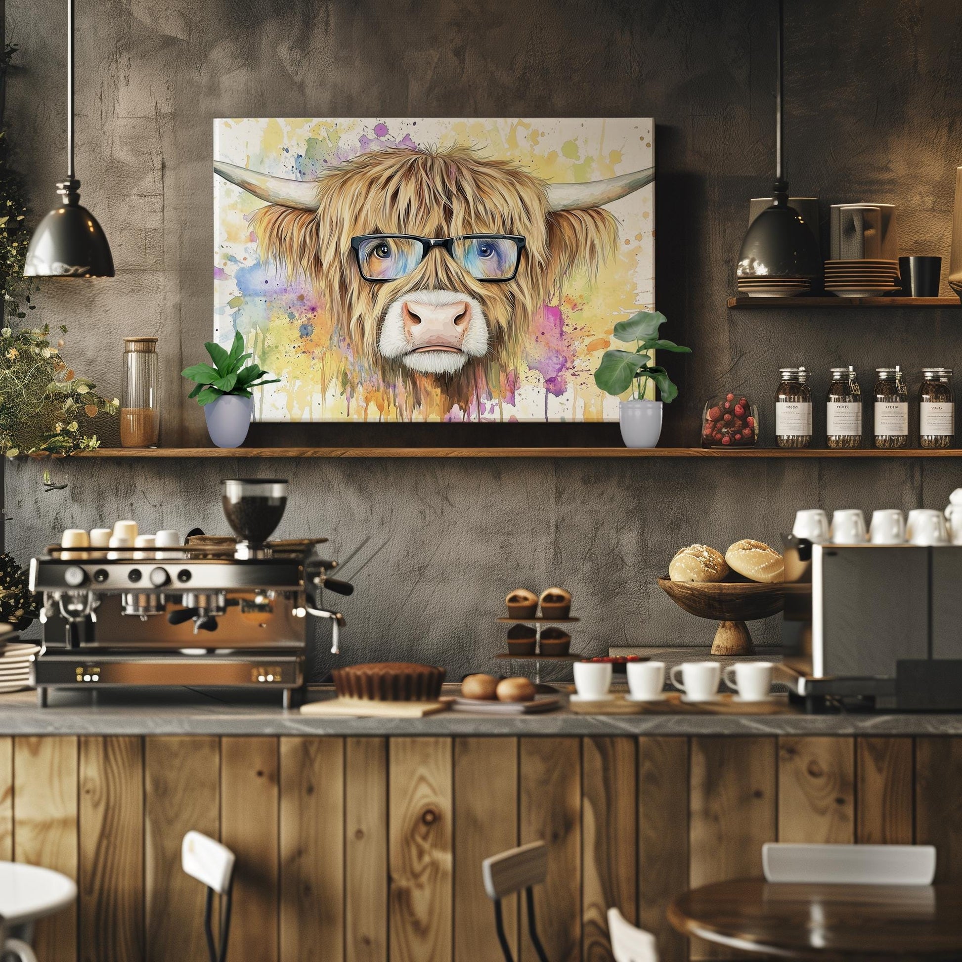Highland Cow with Glasses Canvas / Poster Print. Watercolour Paint Splash Wall Decor Gifts Scottish Shaggy Cow Painting Farm Animal Farmer - CanvasityCrafts - Free Shipping