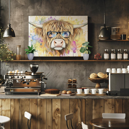 Highland Cow with Glasses Canvas / Poster Print. Watercolour Paint Splash Wall Decor Gifts Scottish Shaggy Cow Painting Farm Animal Farmer - CanvasityCrafts - Free Shipping