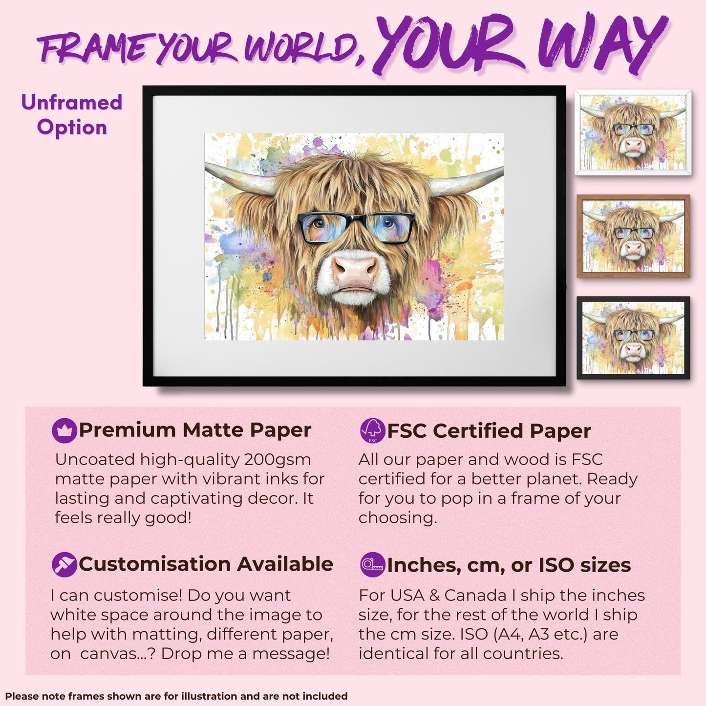 Highland Cow with Glasses Canvas / Poster Print. Watercolour Paint Splash Wall Decor Gifts Scottish Shaggy Cow Painting Farm Animal Farmer - CanvasityCrafts - Free Shipping