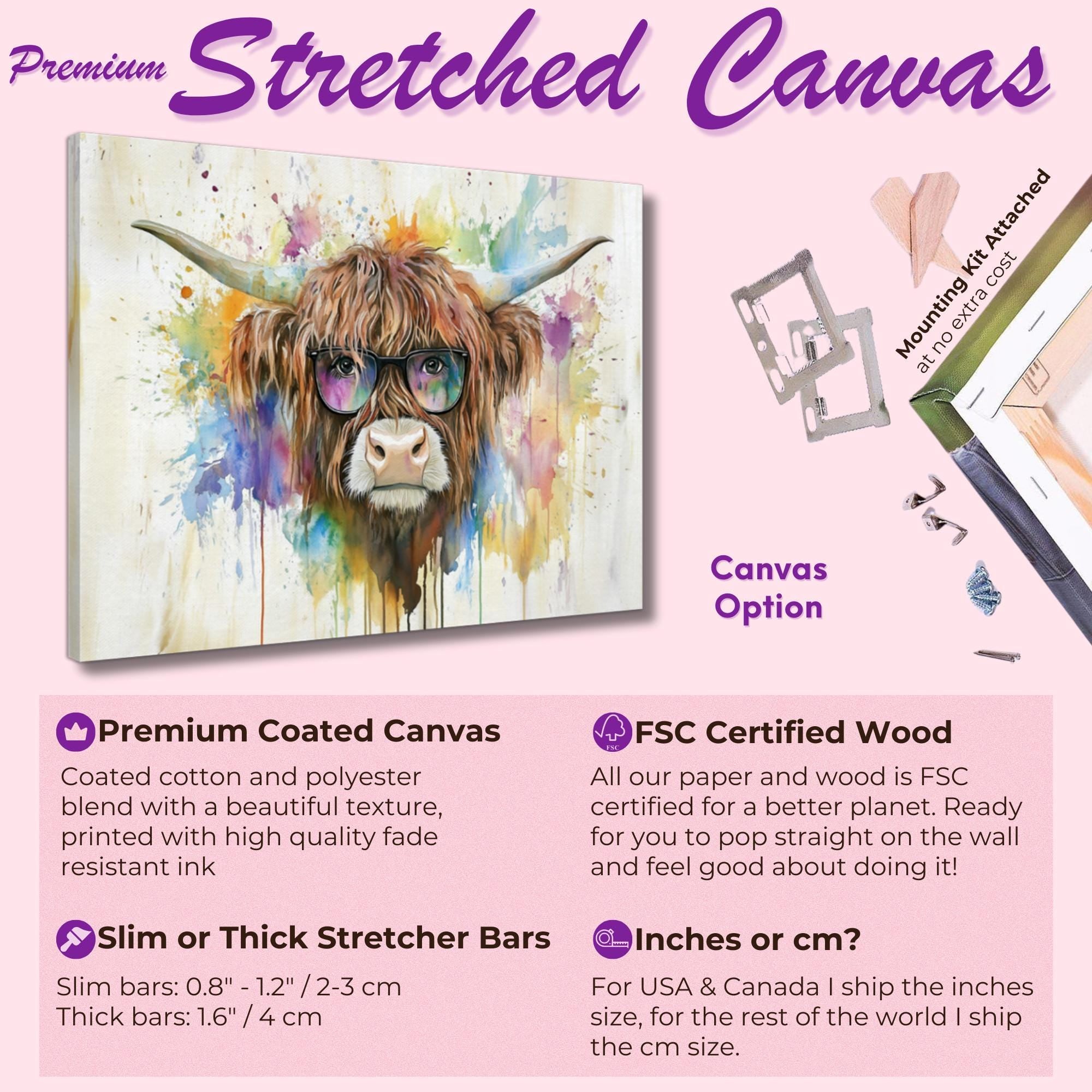 Highland Cow with Glasses Canvas / Poster Print. Watercolour Paint Splash Wall Decor Gifts Scottish Shaggy Cow Painting Farm Animal Farmer - CanvasityCrafts - Free Shipping