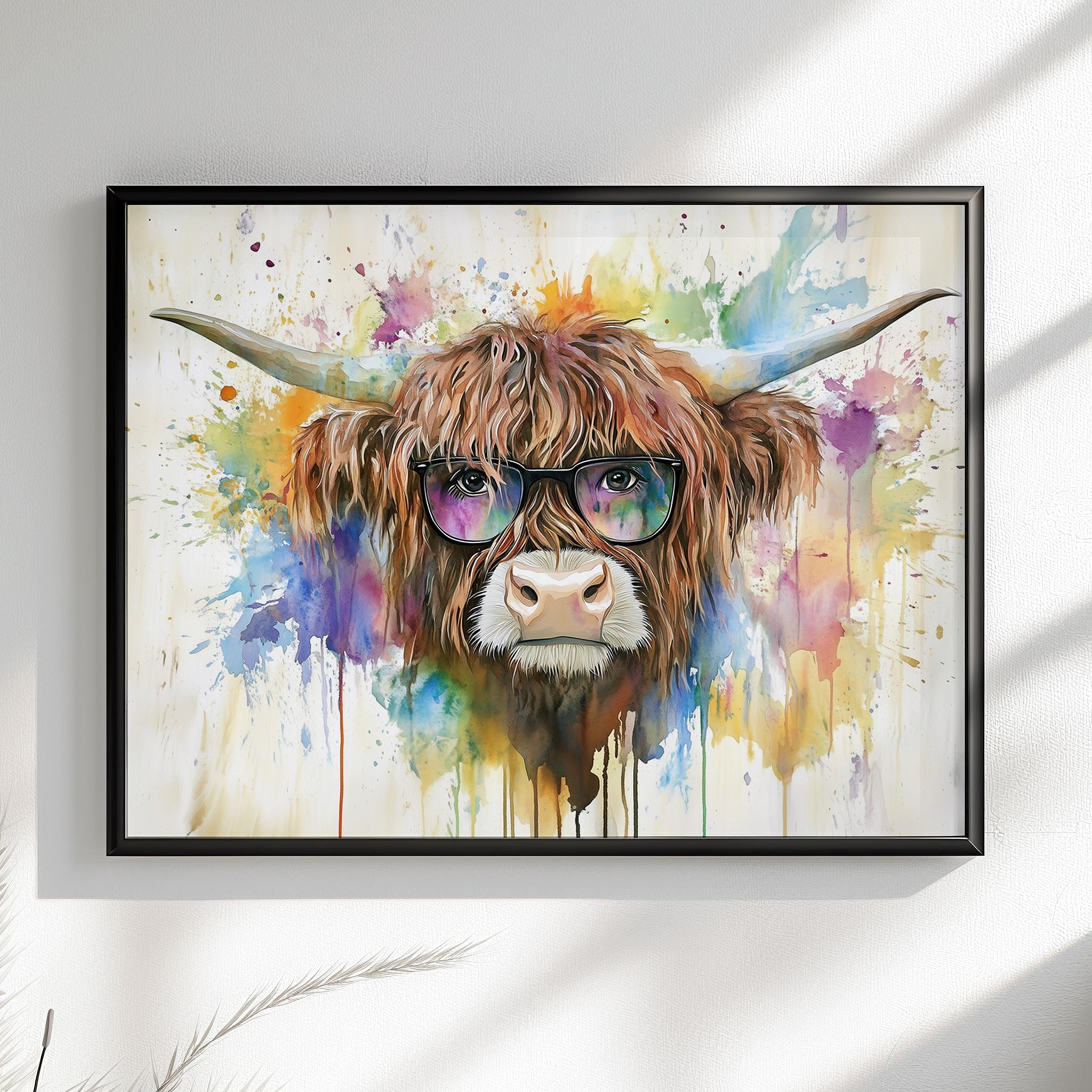 Highland Cow with Glasses Canvas / Poster Print. Watercolour Paint Splash Wall Decor Gifts Scottish Shaggy Cow Painting Farm Animal Farmer - CanvasityCrafts - Free Shipping