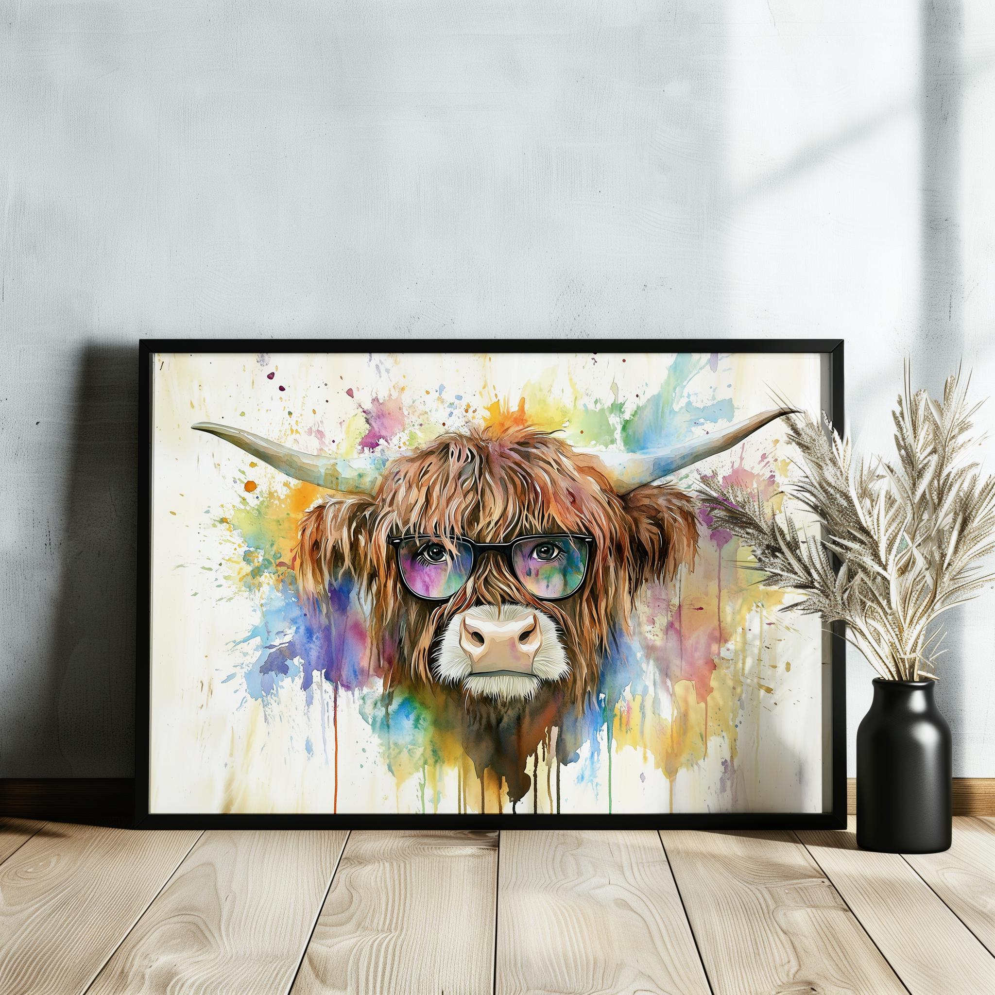 Highland Cow with Glasses Canvas / Poster Print. Watercolour Paint Splash Wall Decor Gifts Scottish Shaggy Cow Painting Farm Animal Farmer - CanvasityCrafts - Free Shipping