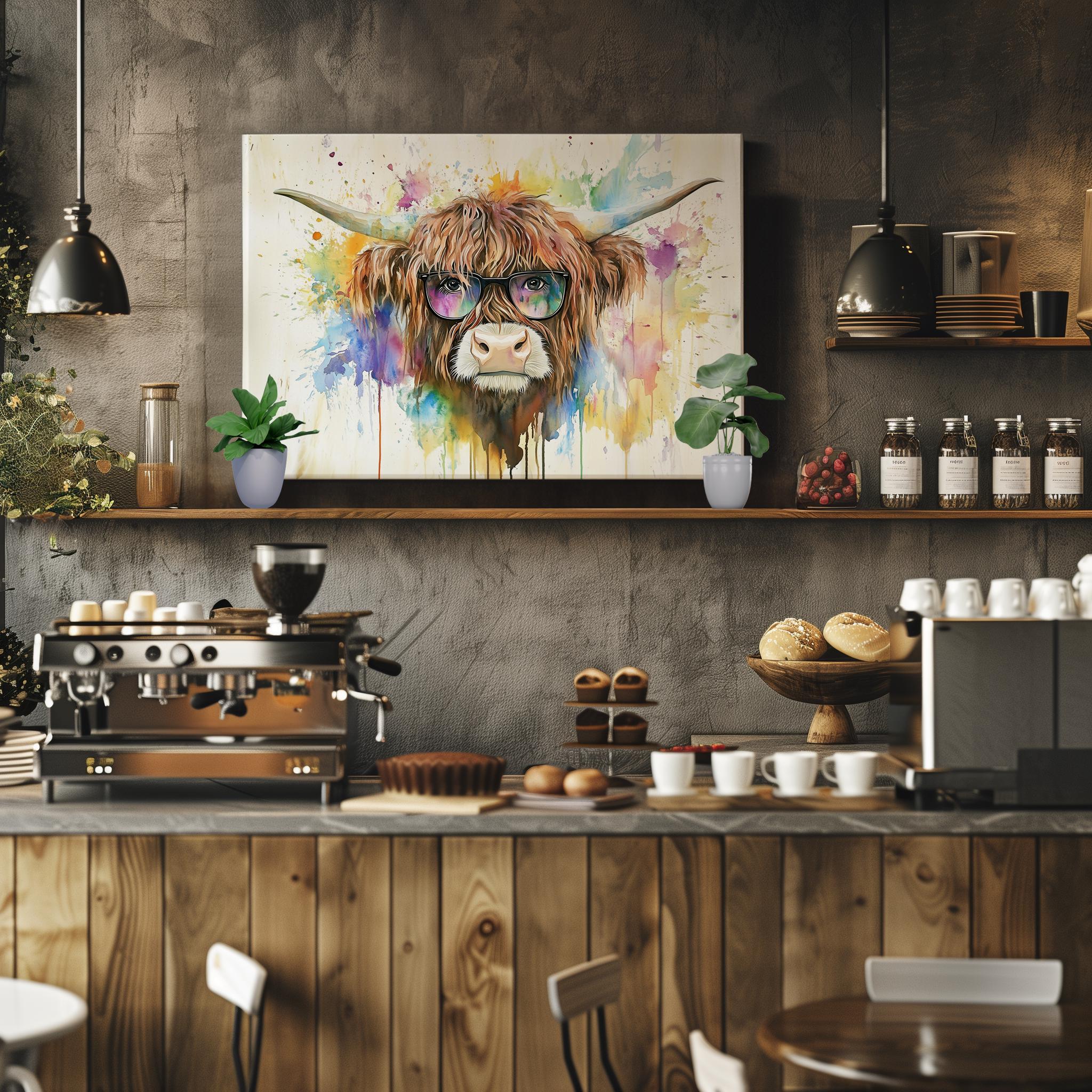 Highland Cow with Glasses Canvas / Poster Print. Watercolour Paint Splash Wall Decor Gifts Scottish Shaggy Cow Painting Farm Animal Farmer - CanvasityCrafts - Free Shipping