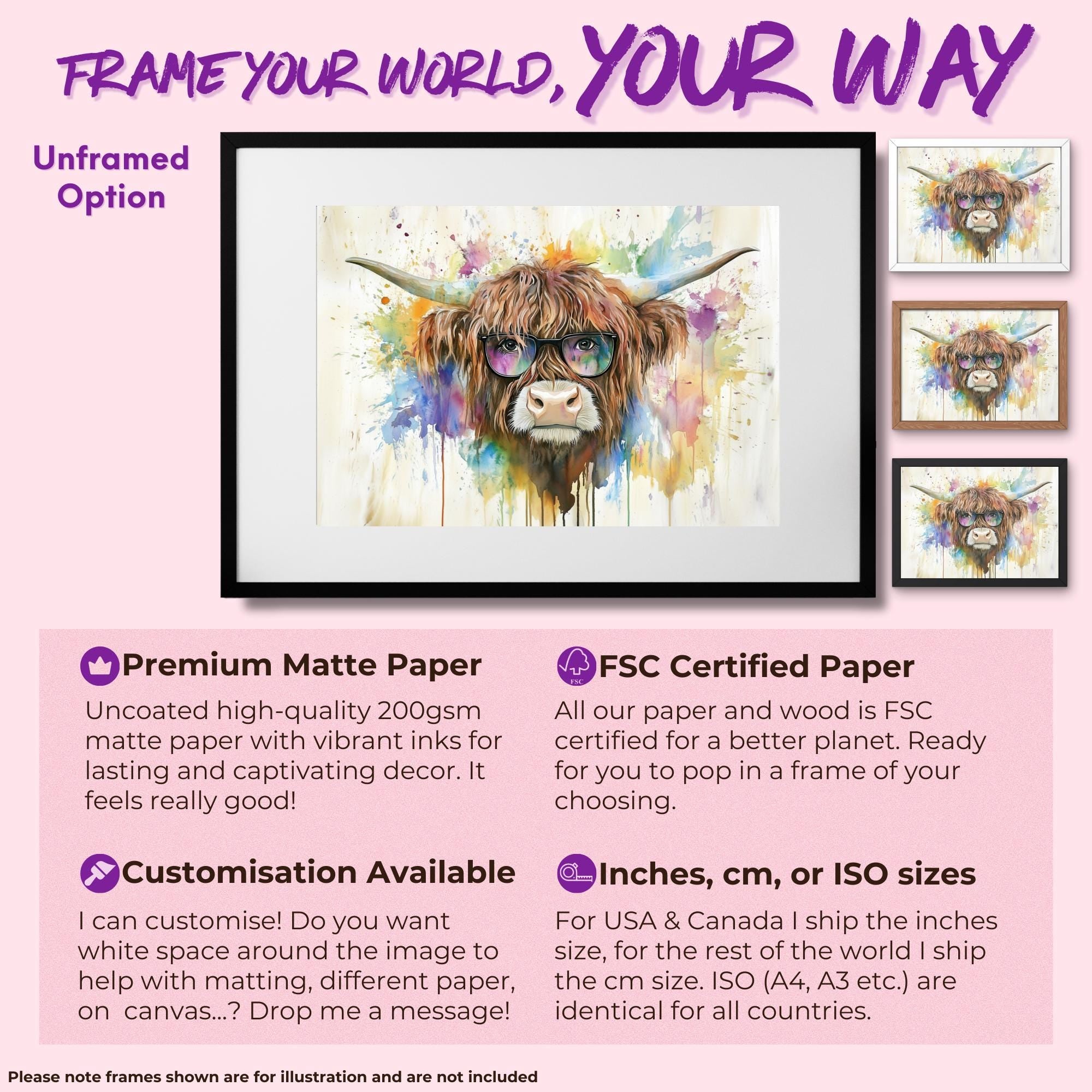 Highland Cow with Glasses Canvas / Poster Print. Watercolour Paint Splash Wall Decor Gifts Scottish Shaggy Cow Painting Farm Animal Farmer - CanvasityCrafts - Free Shipping