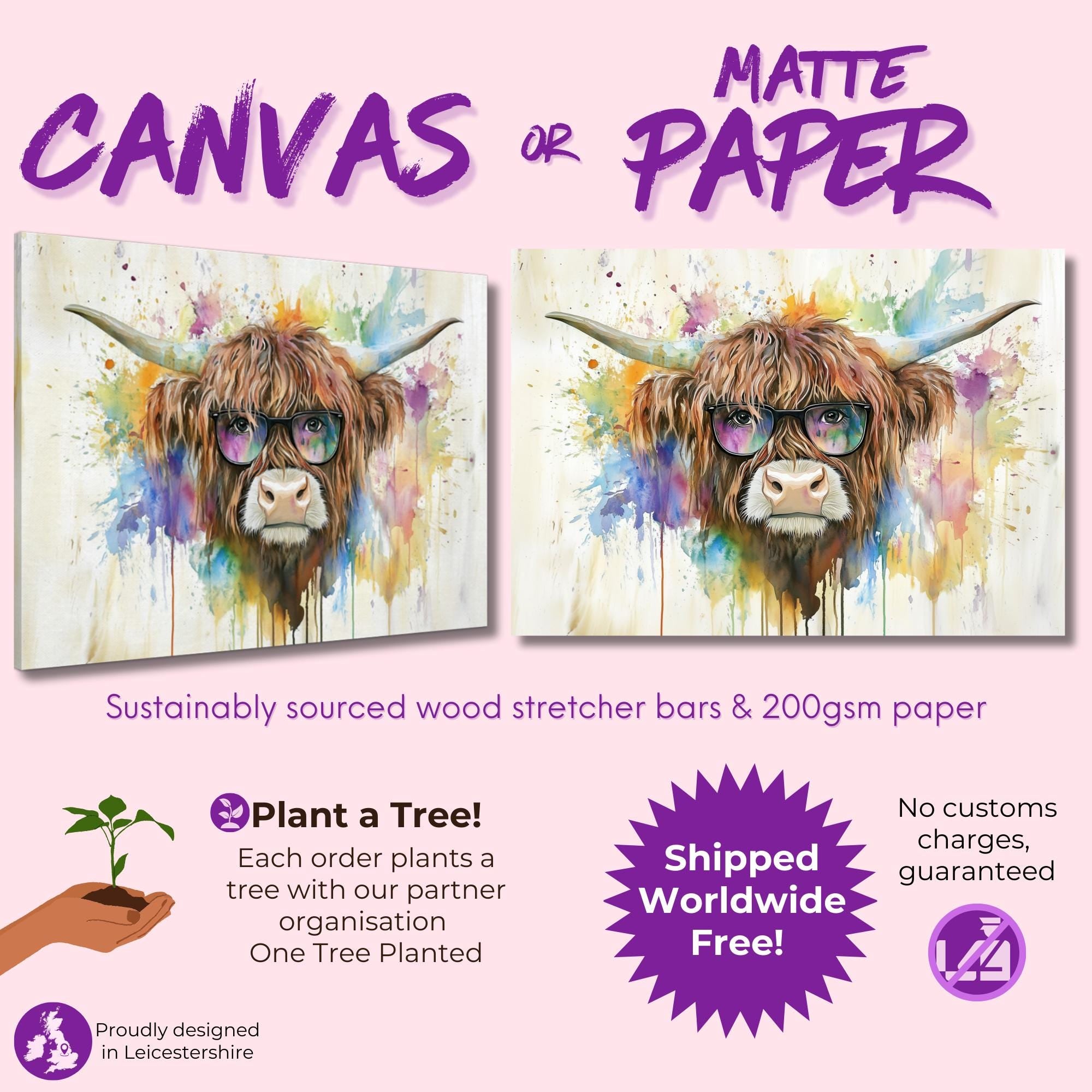 Highland Cow with Glasses Canvas / Poster Print. Watercolour Paint Splash Wall Decor Gifts Scottish Shaggy Cow Painting Farm Animal Farmer - CanvasityCrafts - Free Shipping