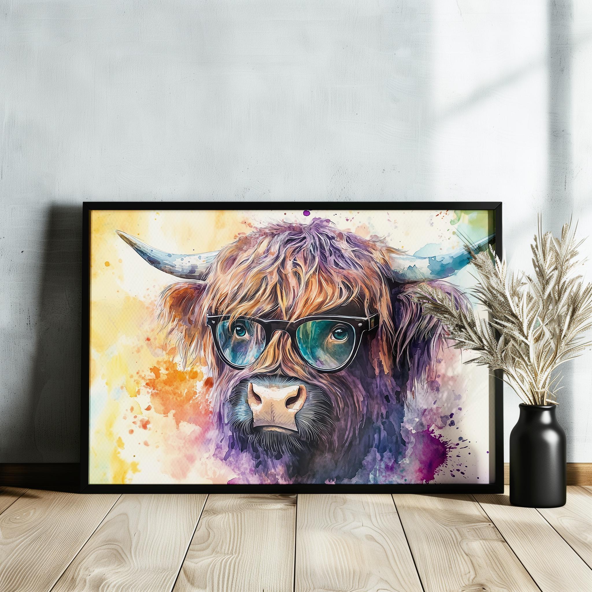 Highland Cow with Glasses Canvas / Poster Print. Watercolour Paint Splash Wall Decor Gifts Scottish Shaggy Cow Painting Farm Animal Farmer - CanvasityCrafts - Free Shipping