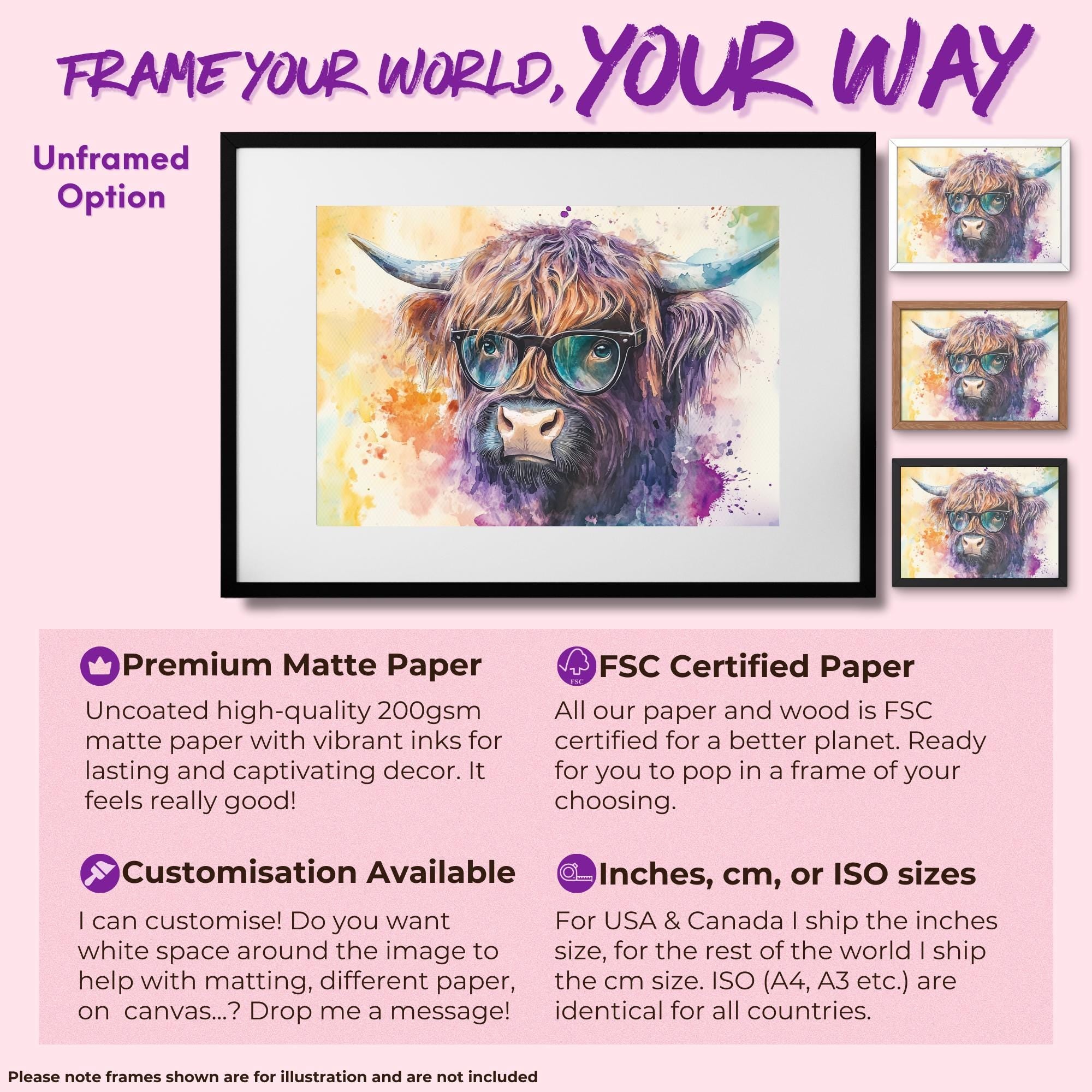 Highland Cow with Glasses Canvas / Poster Print. Watercolour Paint Splash Wall Decor Gifts Scottish Shaggy Cow Painting Farm Animal Farmer - CanvasityCrafts - Free Shipping