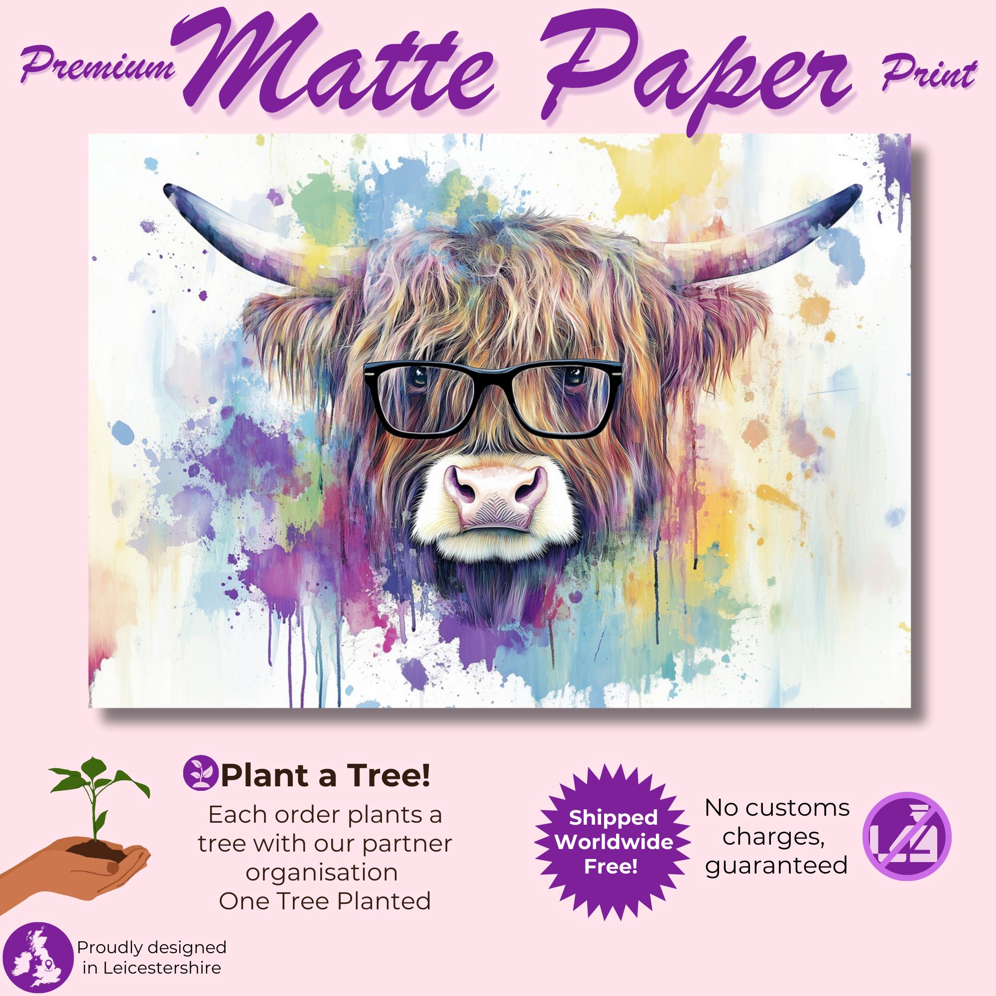 Highland Cow with Glasses Canvas / Poster Print. Watercolour Paint Splash Wall Decor Gifts Scottish Shaggy Cow Painting Farm Animal Farmer - CanvasityCrafts - Free Shipping