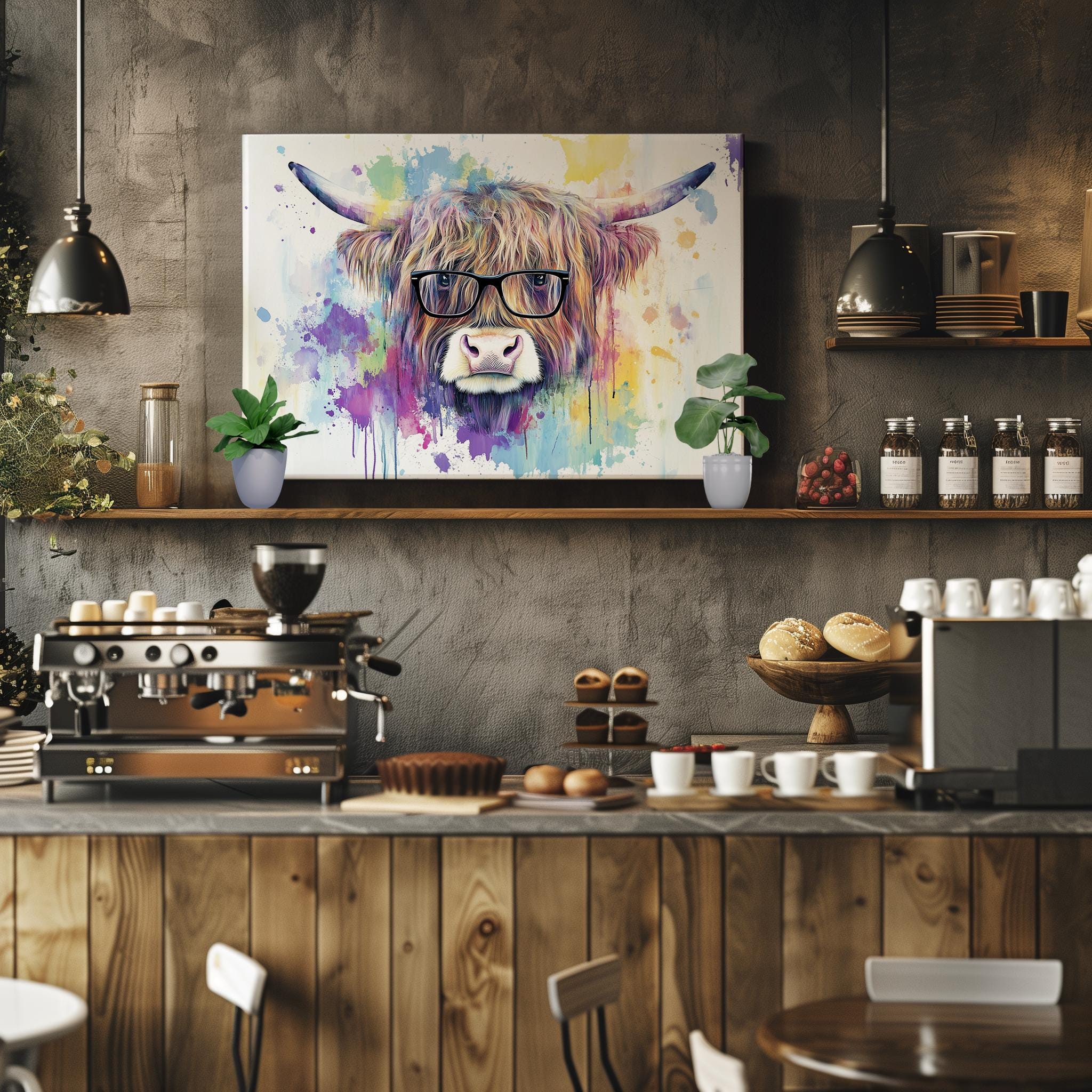 Highland Cow with Glasses Canvas / Poster Print. Watercolour Paint Splash Wall Decor Gifts Scottish Shaggy Cow Painting Farm Animal Farmer - CanvasityCrafts - Free Shipping