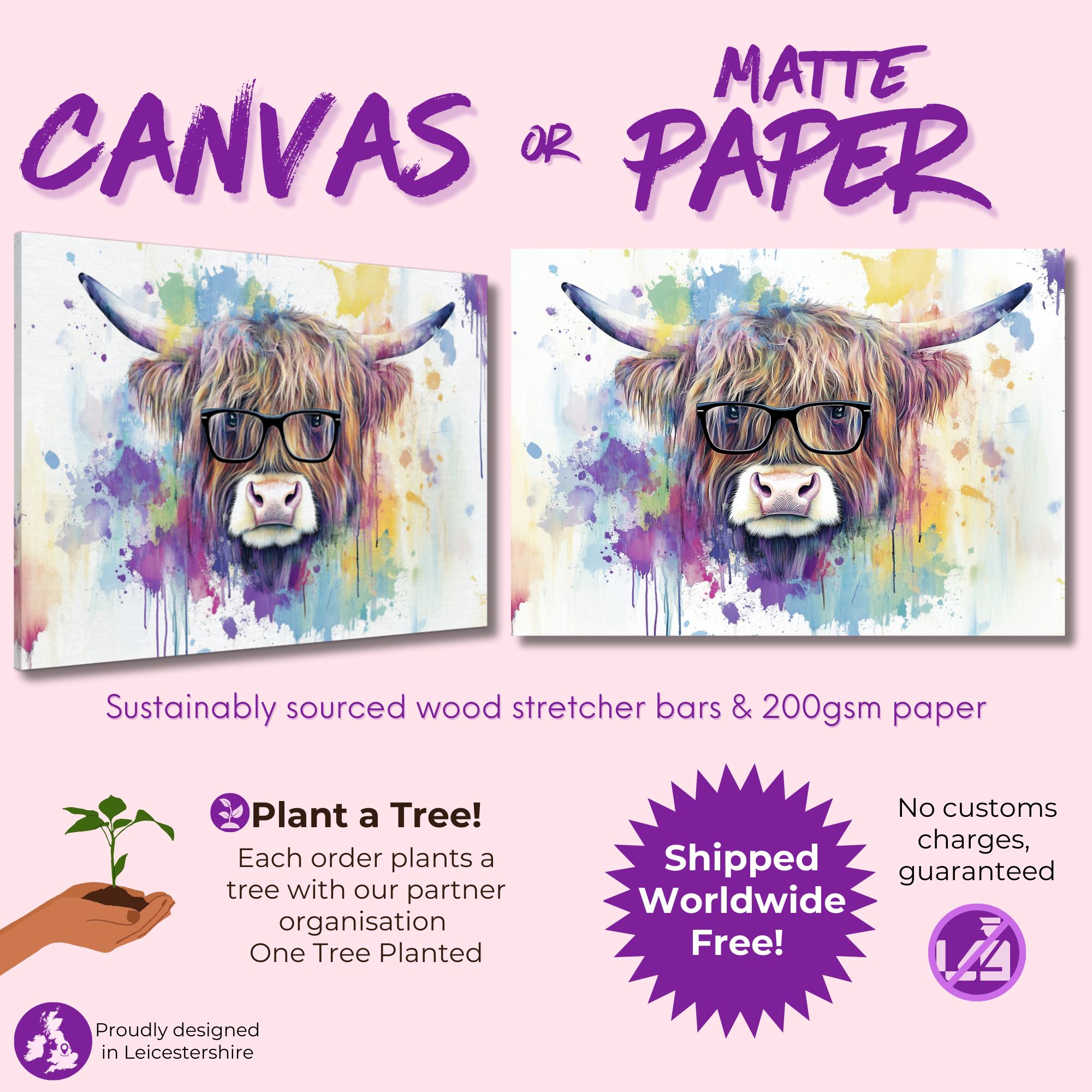 Highland Cow with Glasses Canvas / Poster Print. Watercolour Paint Splash Wall Decor Gifts Scottish Shaggy Cow Painting Farm Animal Farmer - CanvasityCrafts - Free Shipping