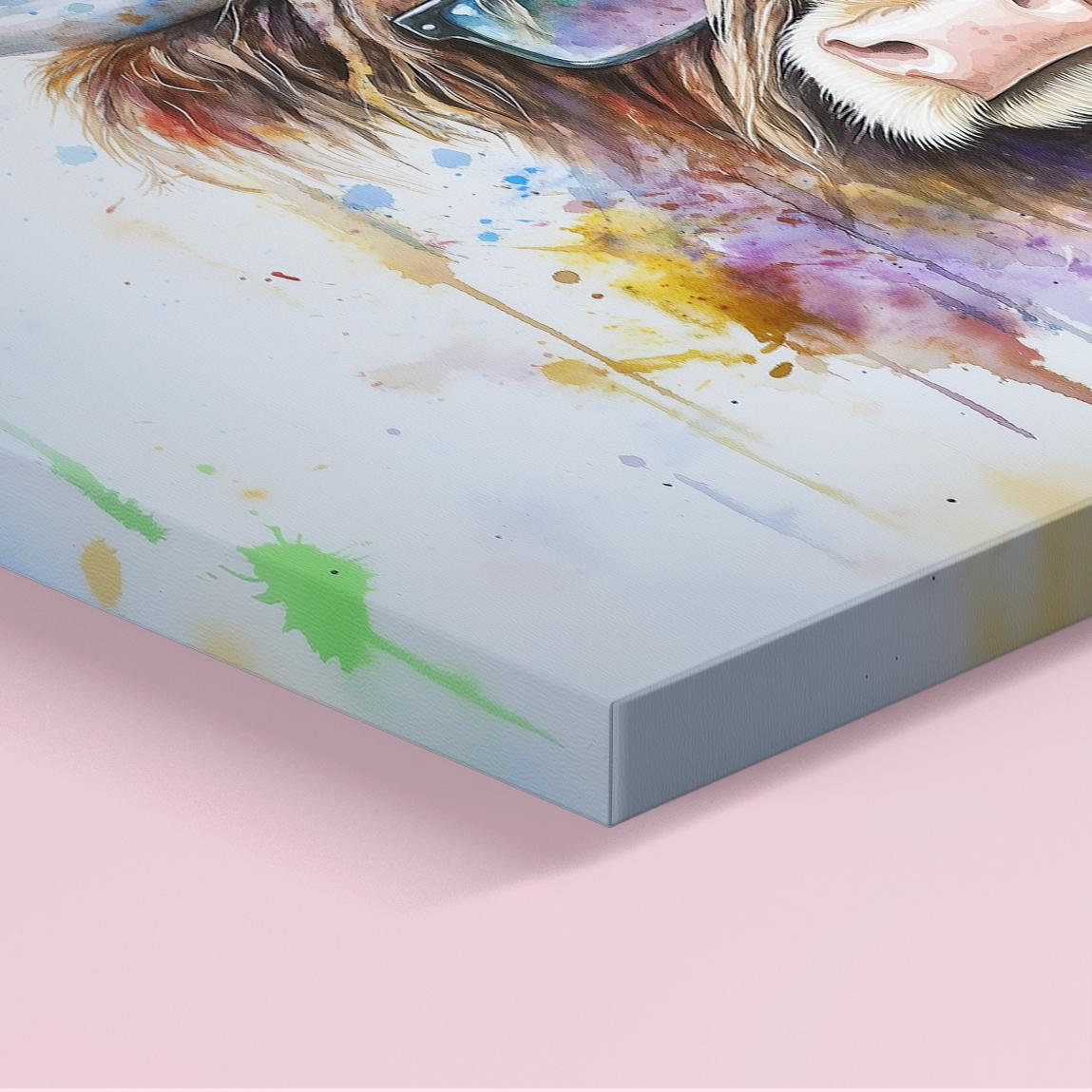 Highland Cow with Glasses Canvas / Poster Print. Watercolour Paint Splash Wall Decor Gifts Scottish Shaggy Cow Painting Farm Animal Farmer - CanvasityCrafts - Free Shipping