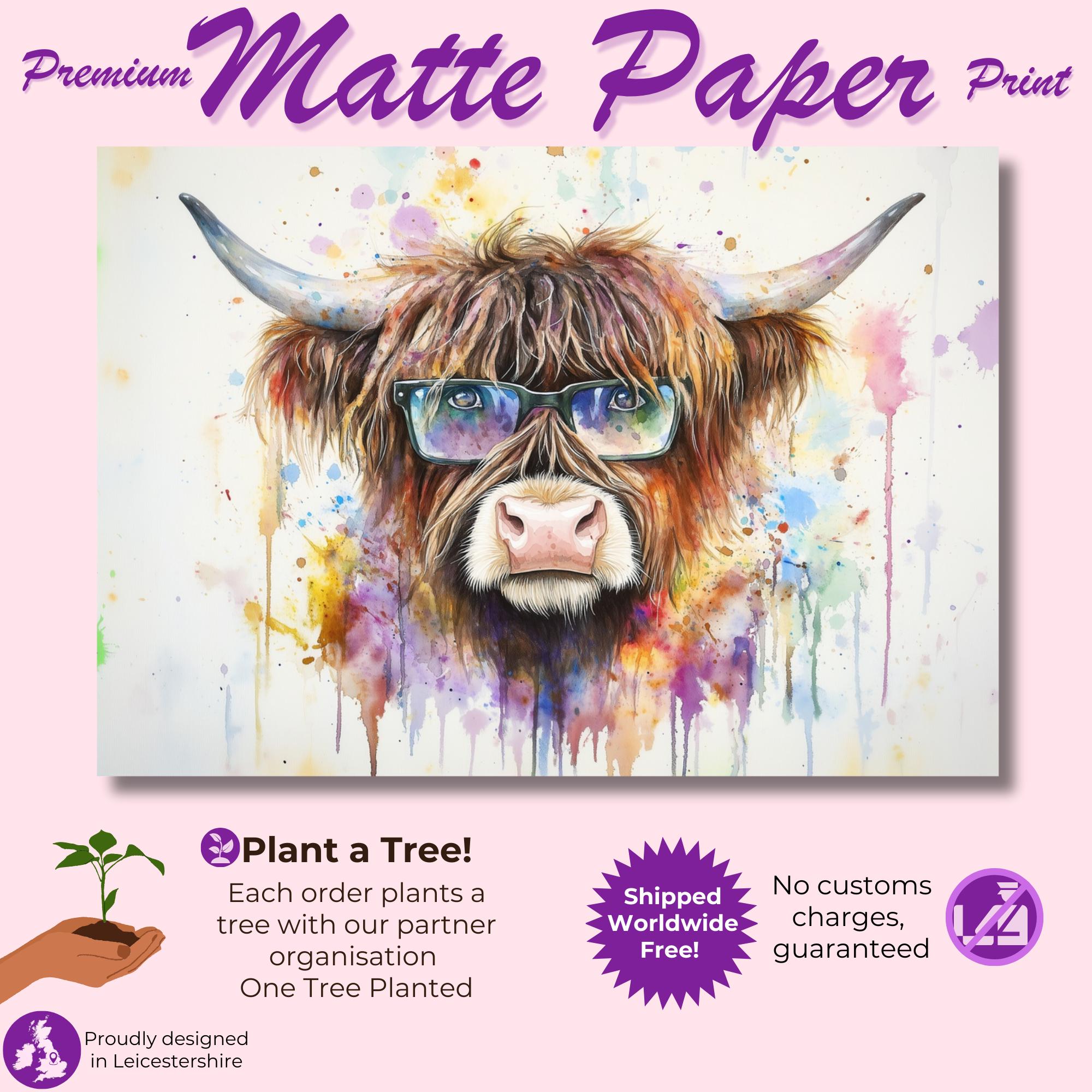 Highland Cow with Glasses Canvas / Poster Print. Watercolour Paint Splash Wall Decor Gifts Scottish Shaggy Cow Painting Farm Animal Farmer - CanvasityCrafts - Free Shipping