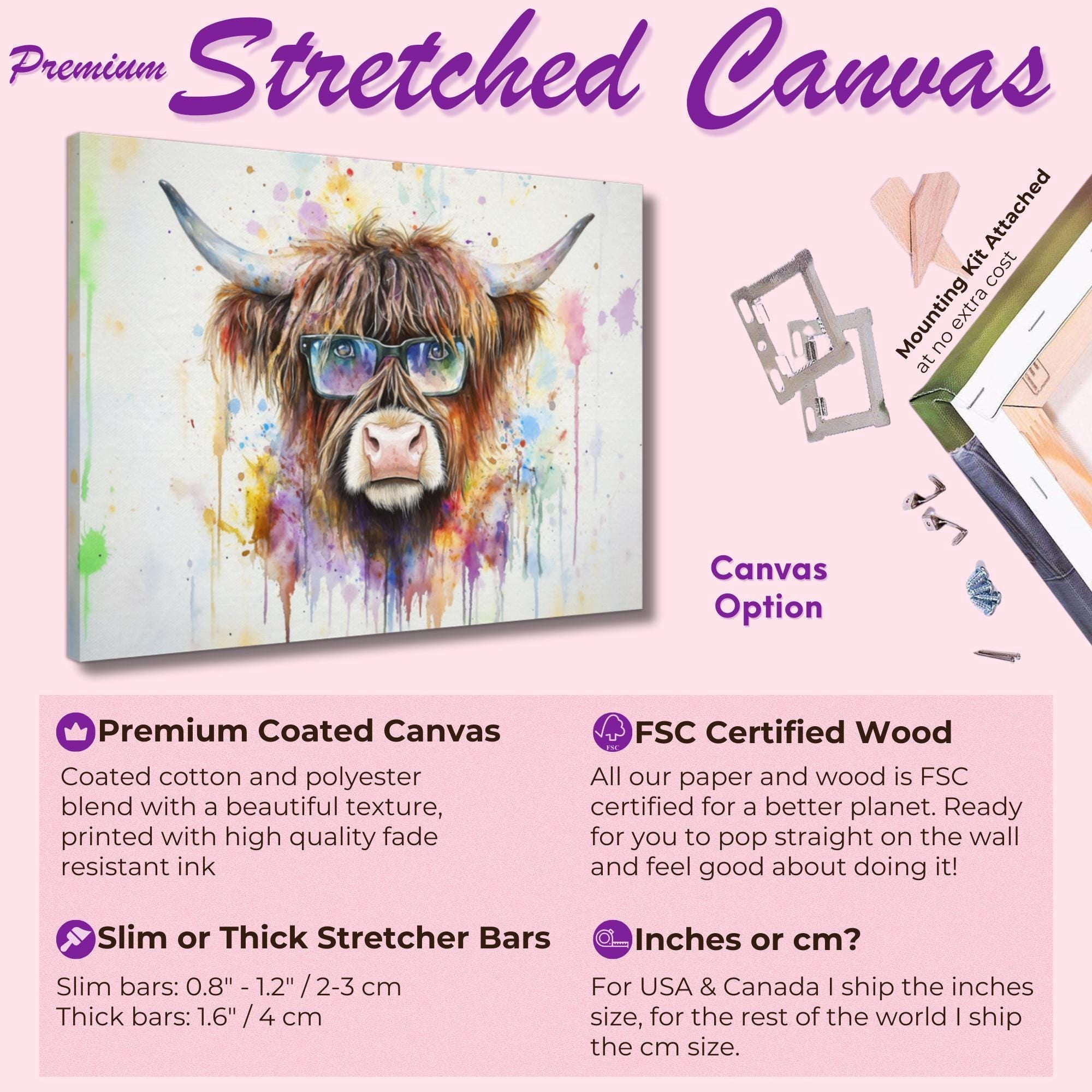 Highland Cow with Glasses Canvas / Poster Print. Watercolour Paint Splash Wall Decor Gifts Scottish Shaggy Cow Painting Farm Animal Farmer - CanvasityCrafts - Free Shipping