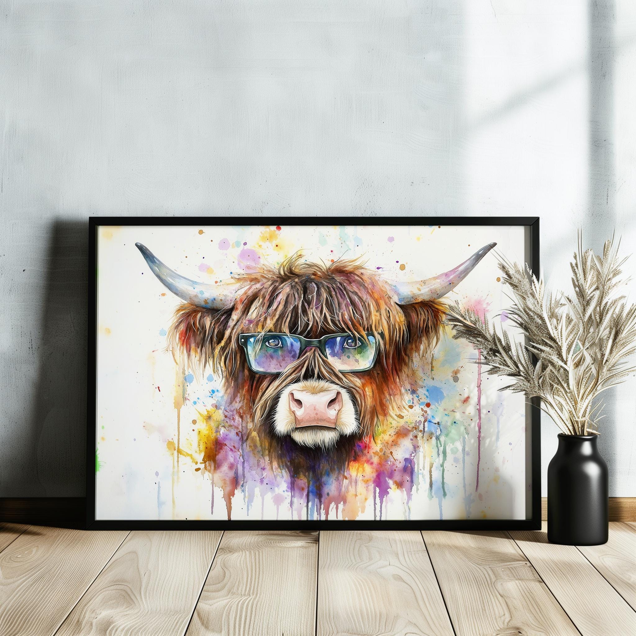 Highland Cow with Glasses Canvas / Poster Print. Watercolour Paint Splash Wall Decor Gifts Scottish Shaggy Cow Painting Farm Animal Farmer - CanvasityCrafts - Free Shipping