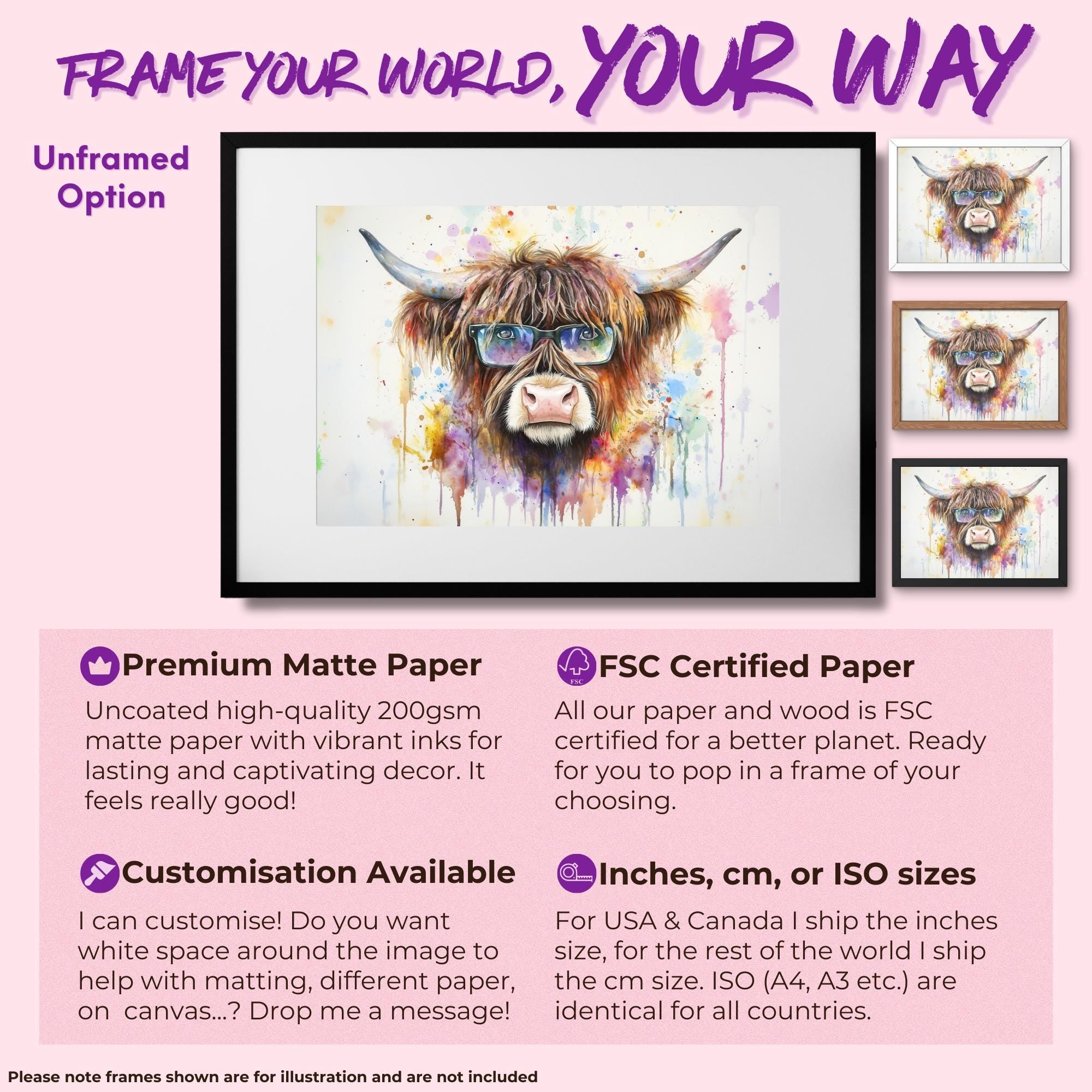 Highland Cow with Glasses Canvas / Poster Print. Watercolour Paint Splash Wall Decor Gifts Scottish Shaggy Cow Painting Farm Animal Farmer - CanvasityCrafts - Free Shipping