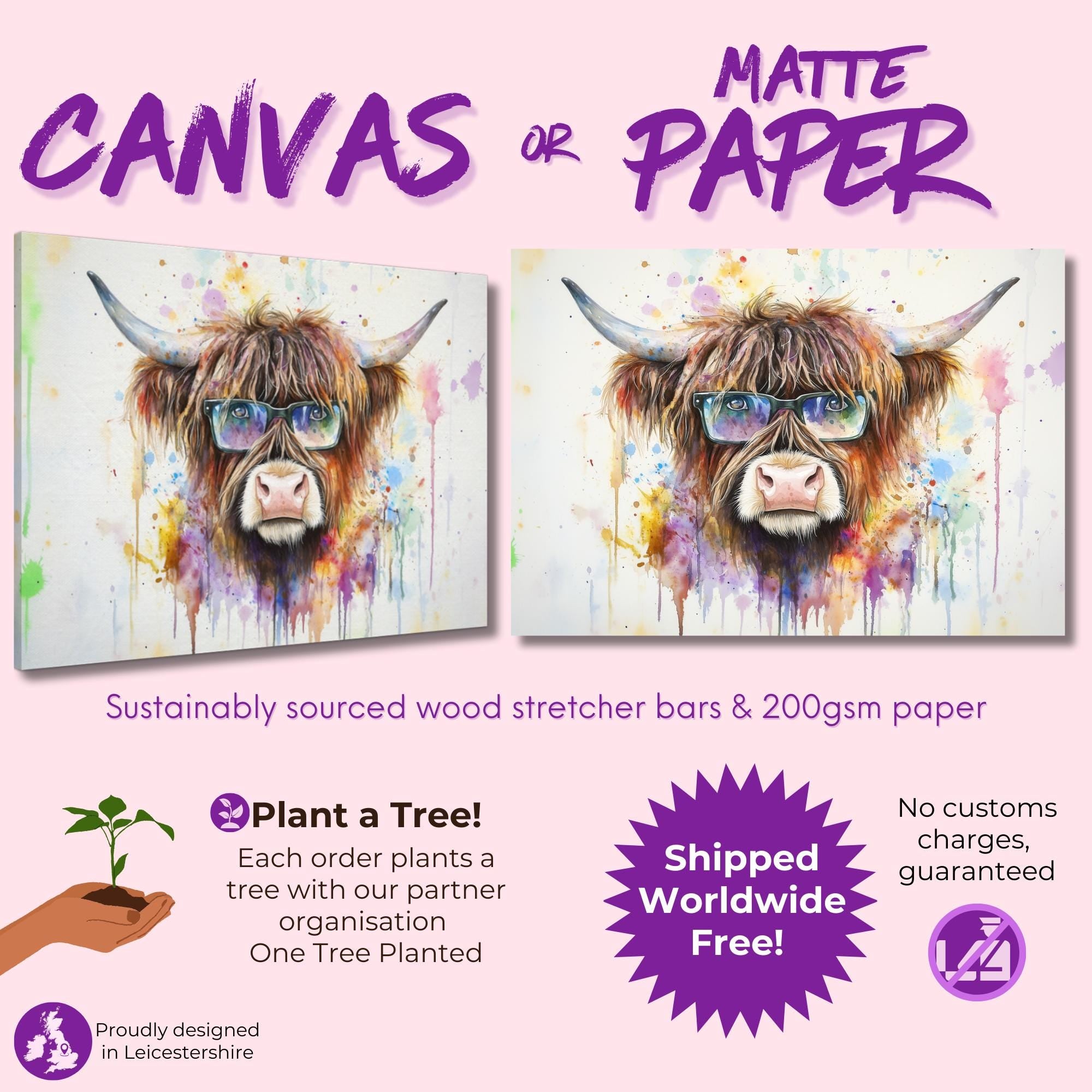 Highland Cow with Glasses Canvas / Poster Print. Watercolour Paint Splash Wall Decor Gifts Scottish Shaggy Cow Painting Farm Animal Farmer - CanvasityCrafts - Free Shipping