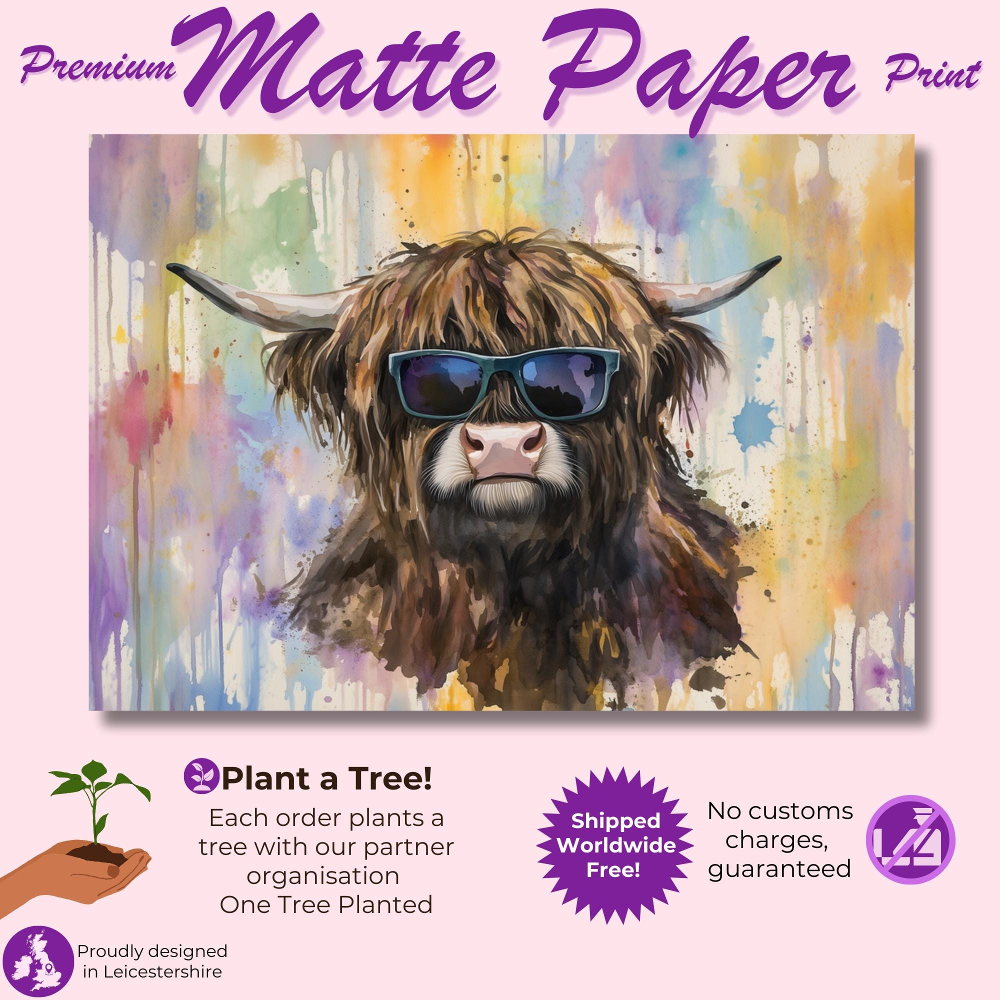 Highland Cow with Glasses Canvas / Poster Print. Watercolour Paint Splash Wall Decor Gifts Scottish Shaggy Cow Painting Farm Animal Farmer - CanvasityCrafts - Free Shipping