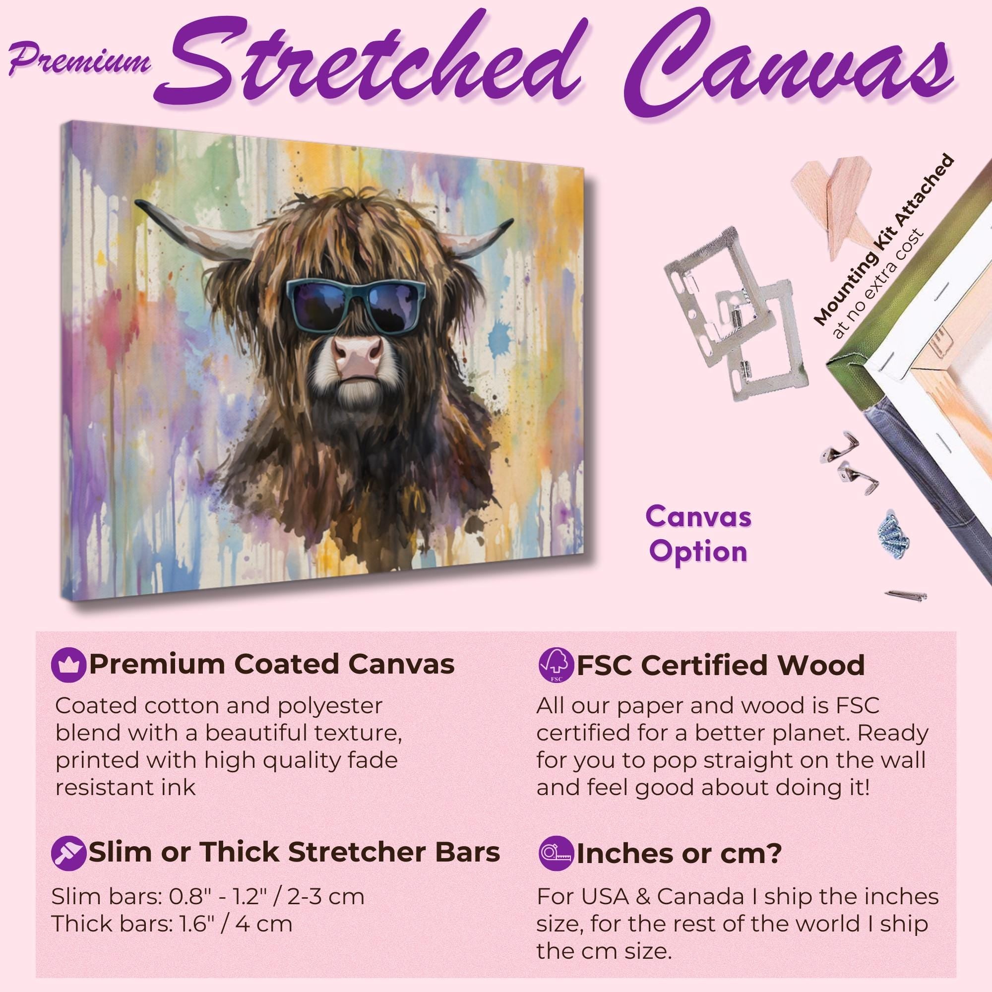 Highland Cow with Glasses Canvas / Poster Print. Watercolour Paint Splash Wall Decor Gifts Scottish Shaggy Cow Painting Farm Animal Farmer - CanvasityCrafts - Free Shipping