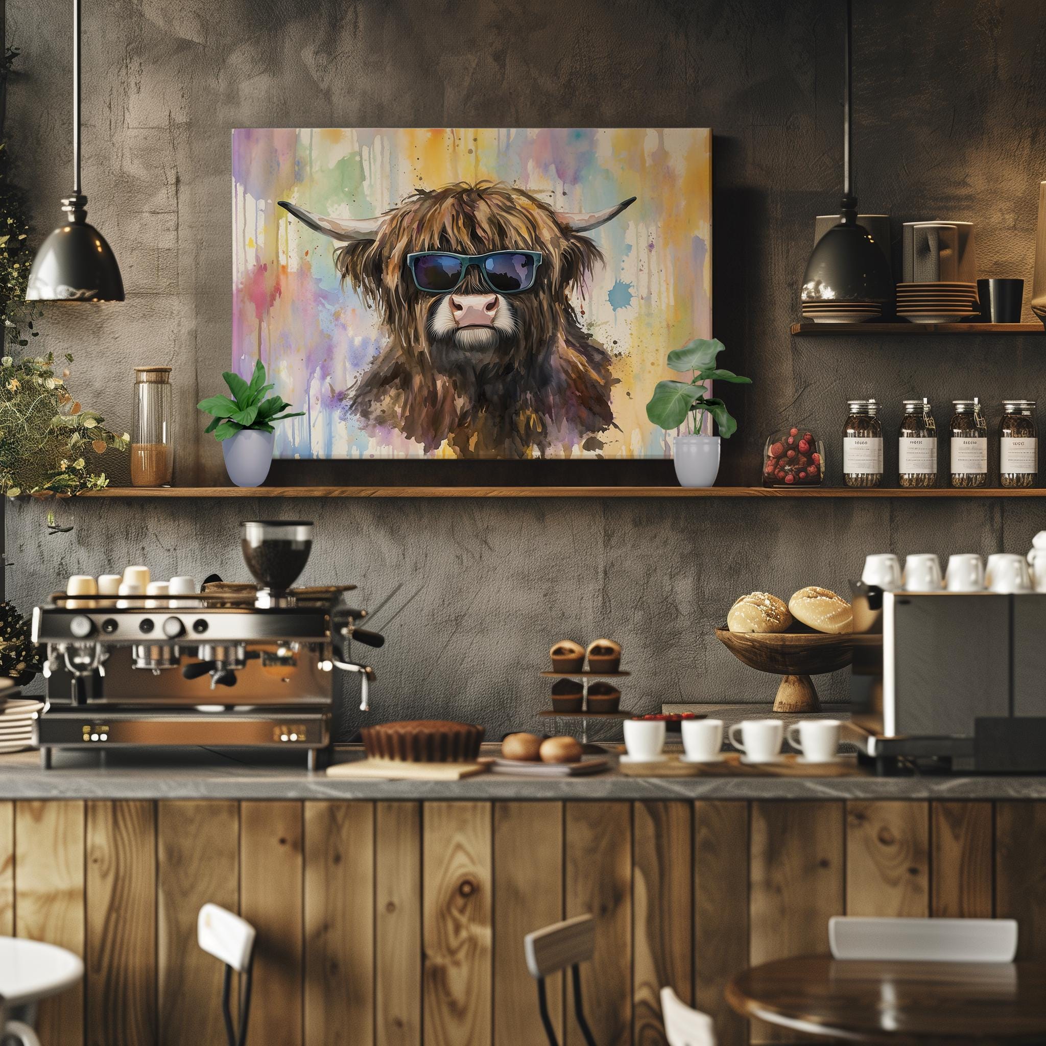 Highland Cow with Glasses Canvas / Poster Print. Watercolour Paint Splash Wall Decor Gifts Scottish Shaggy Cow Painting Farm Animal Farmer - CanvasityCrafts - Free Shipping