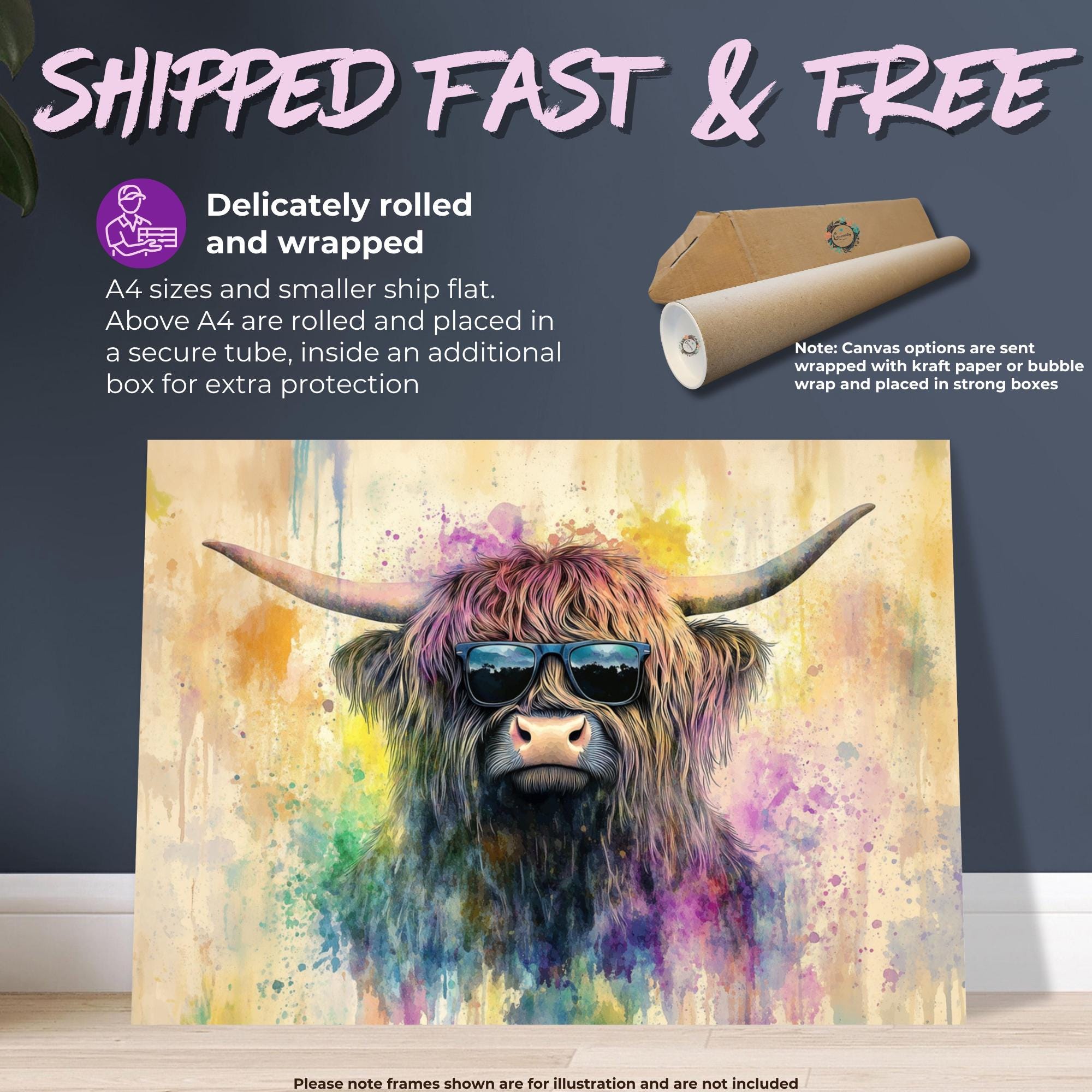 Highland Cow with Glasses Canvas / Poster Print. Watercolour Paint Splash Wall Decor Gifts Scottish Shaggy Cow Painting Farm Animal Farmer - CanvasityCrafts - Free Shipping