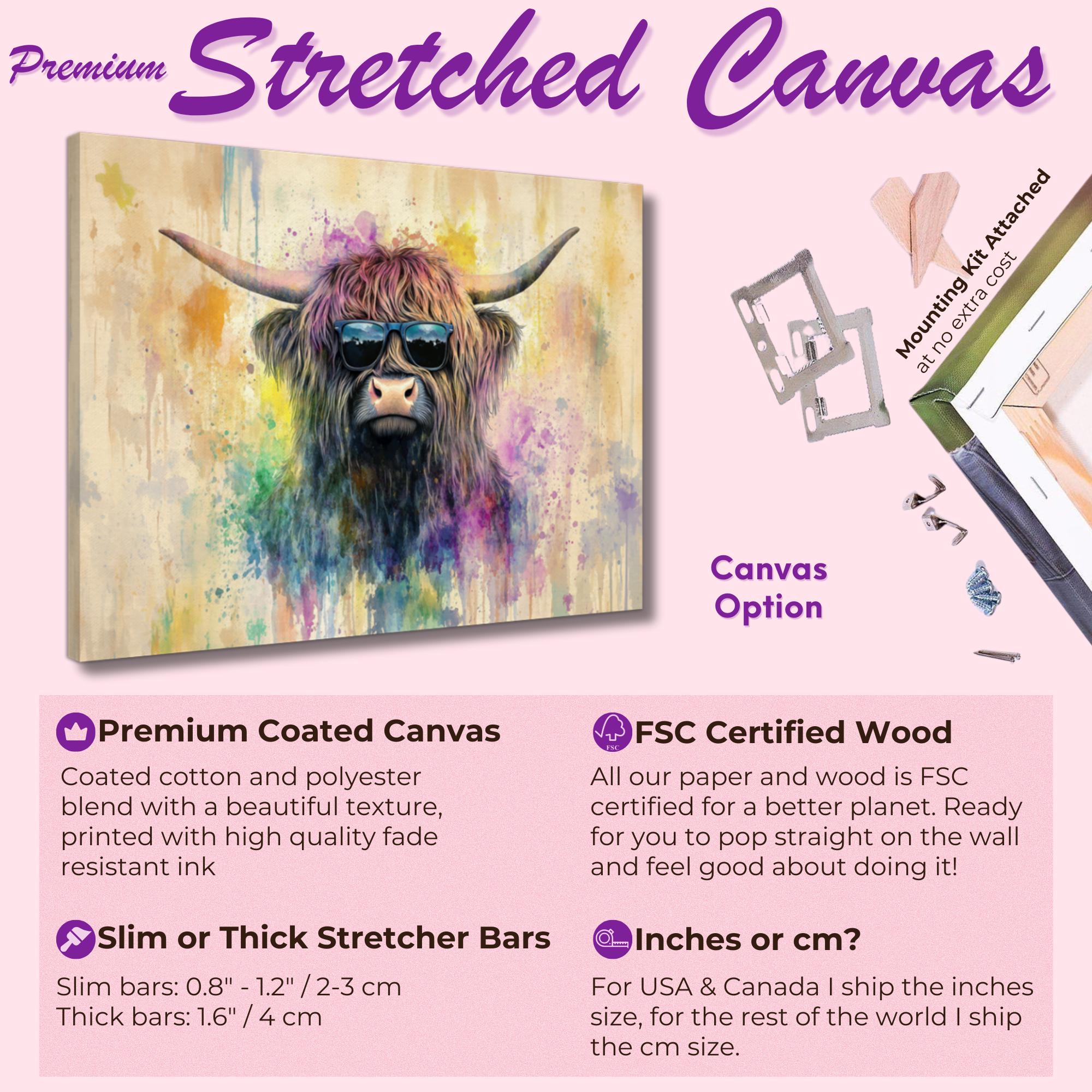 Highland Cow with Glasses Canvas / Poster Print. Watercolour Paint Splash Wall Decor Gifts Scottish Shaggy Cow Painting Farm Animal Farmer - CanvasityCrafts - Free Shipping