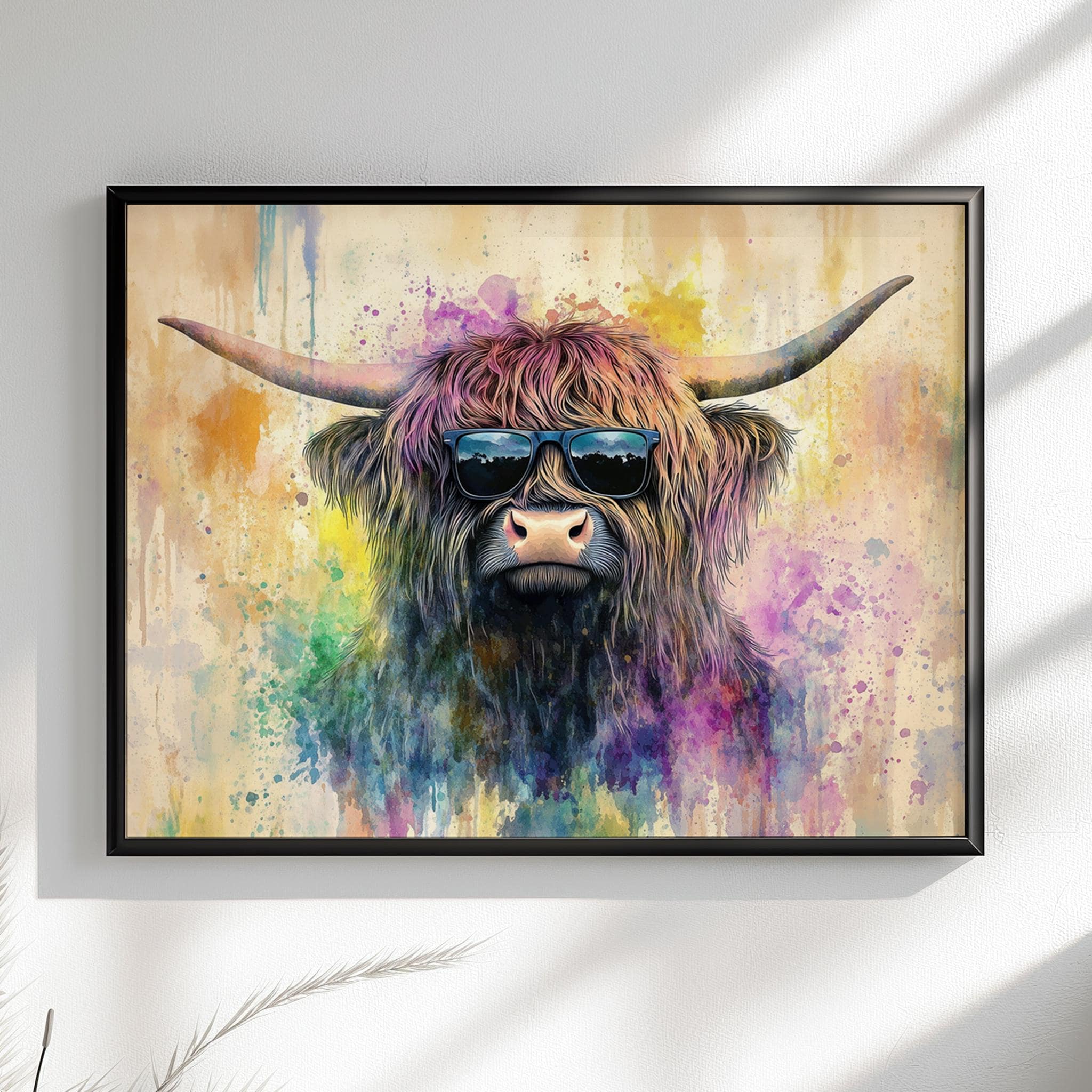 Highland Cow with Glasses Canvas / Poster Print. Watercolour Paint Splash Wall Decor Gifts Scottish Shaggy Cow Painting Farm Animal Farmer - CanvasityCrafts - Free Shipping