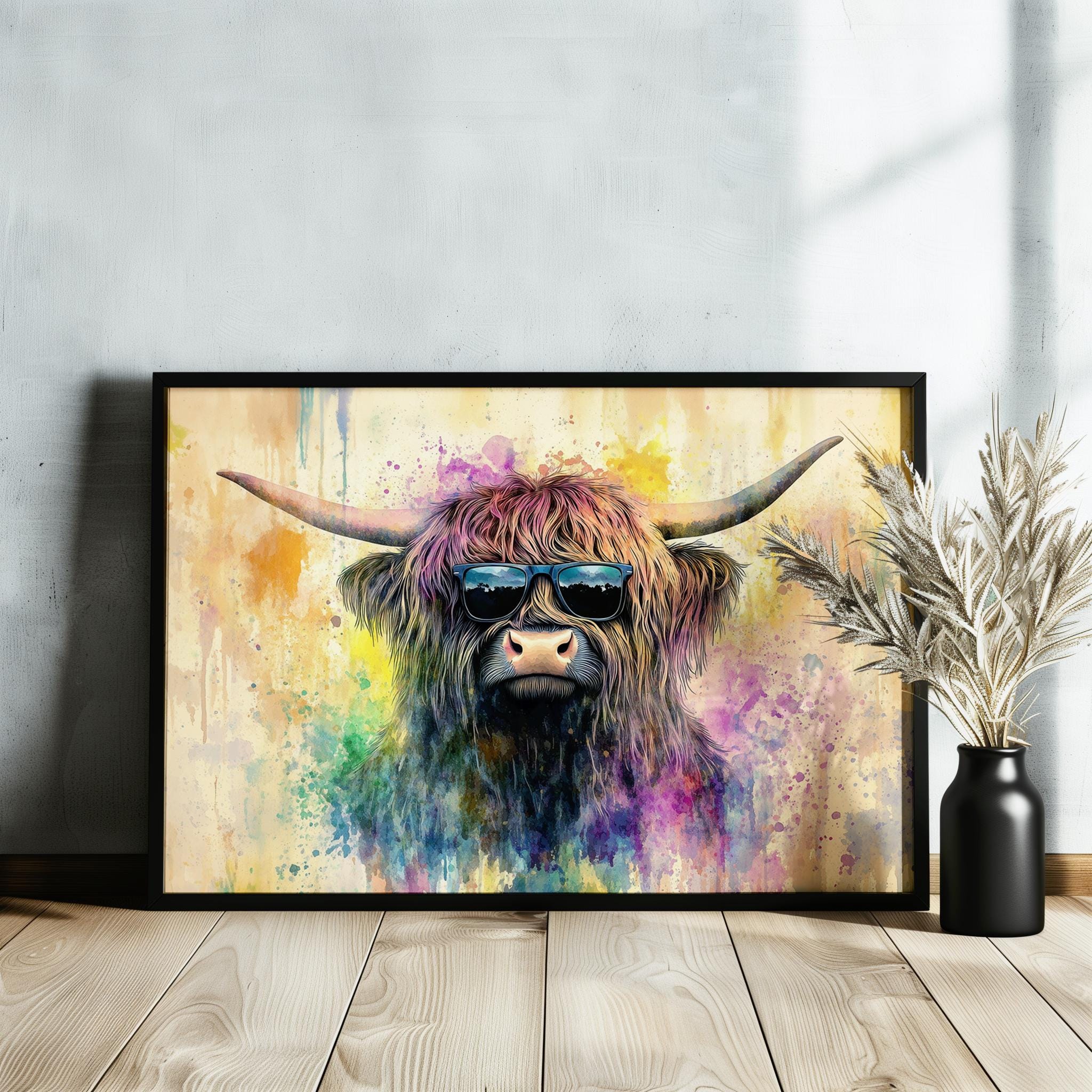 Highland Cow with Glasses Canvas / Poster Print. Watercolour Paint Splash Wall Decor Gifts Scottish Shaggy Cow Painting Farm Animal Farmer - CanvasityCrafts - Free Shipping