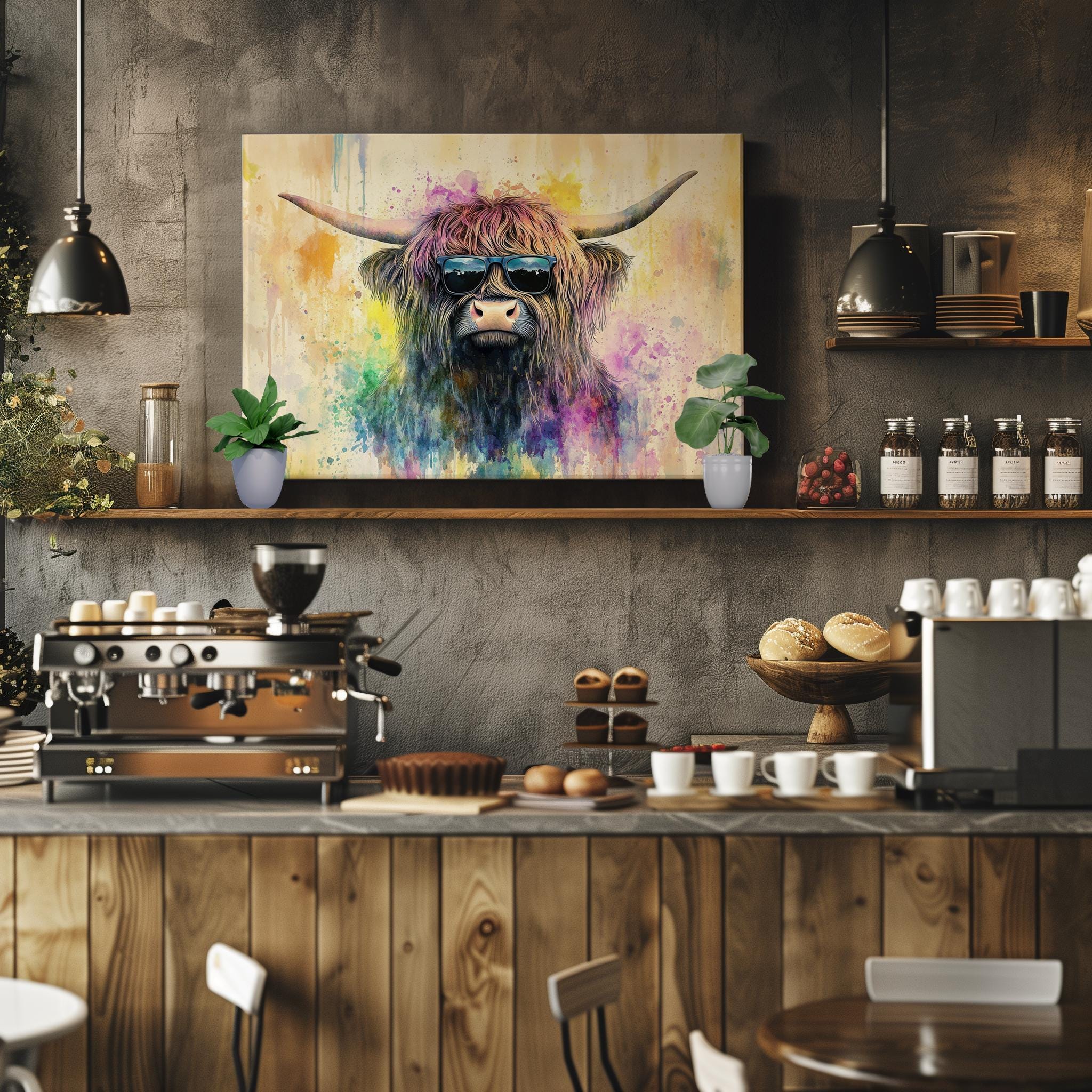 Highland Cow with Glasses Canvas / Poster Print. Watercolour Paint Splash Wall Decor Gifts Scottish Shaggy Cow Painting Farm Animal Farmer - CanvasityCrafts - Free Shipping