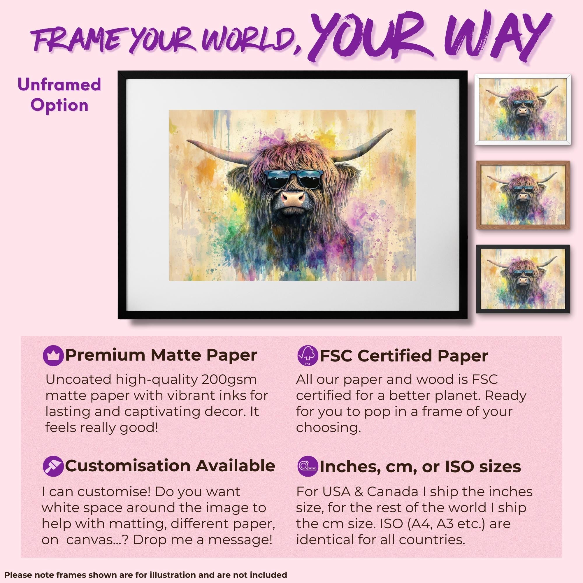 Highland Cow with Glasses Canvas / Poster Print. Watercolour Paint Splash Wall Decor Gifts Scottish Shaggy Cow Painting Farm Animal Farmer - CanvasityCrafts - Free Shipping