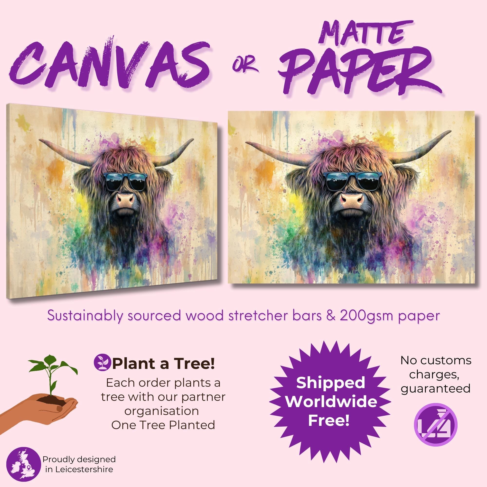 Highland Cow with Glasses Canvas / Poster Print. Watercolour Paint Splash Wall Decor Gifts Scottish Shaggy Cow Painting Farm Animal Farmer - CanvasityCrafts - Free Shipping