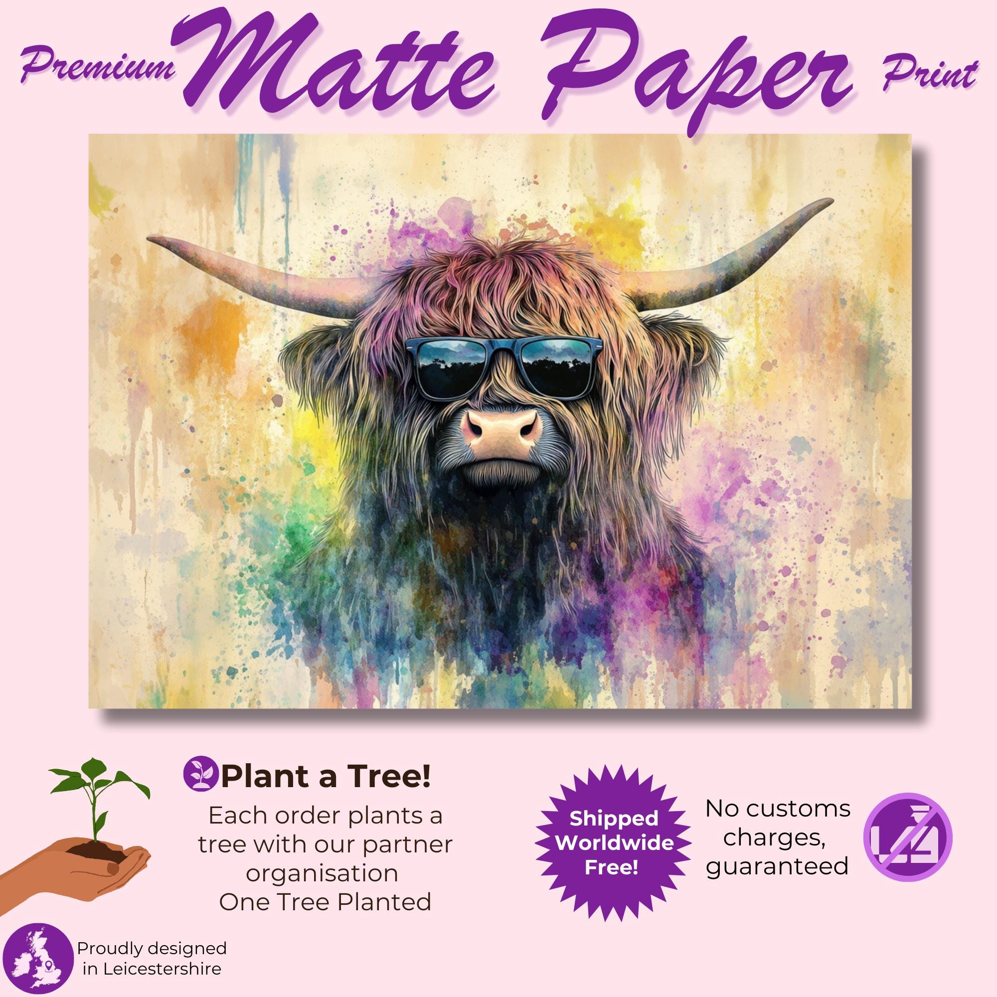 Highland Cow with Glasses Canvas / Poster Print. Watercolour Paint Splash Wall Decor Gifts Scottish Shaggy Cow Painting Farm Animal Farmer - CanvasityCrafts - Free Shipping