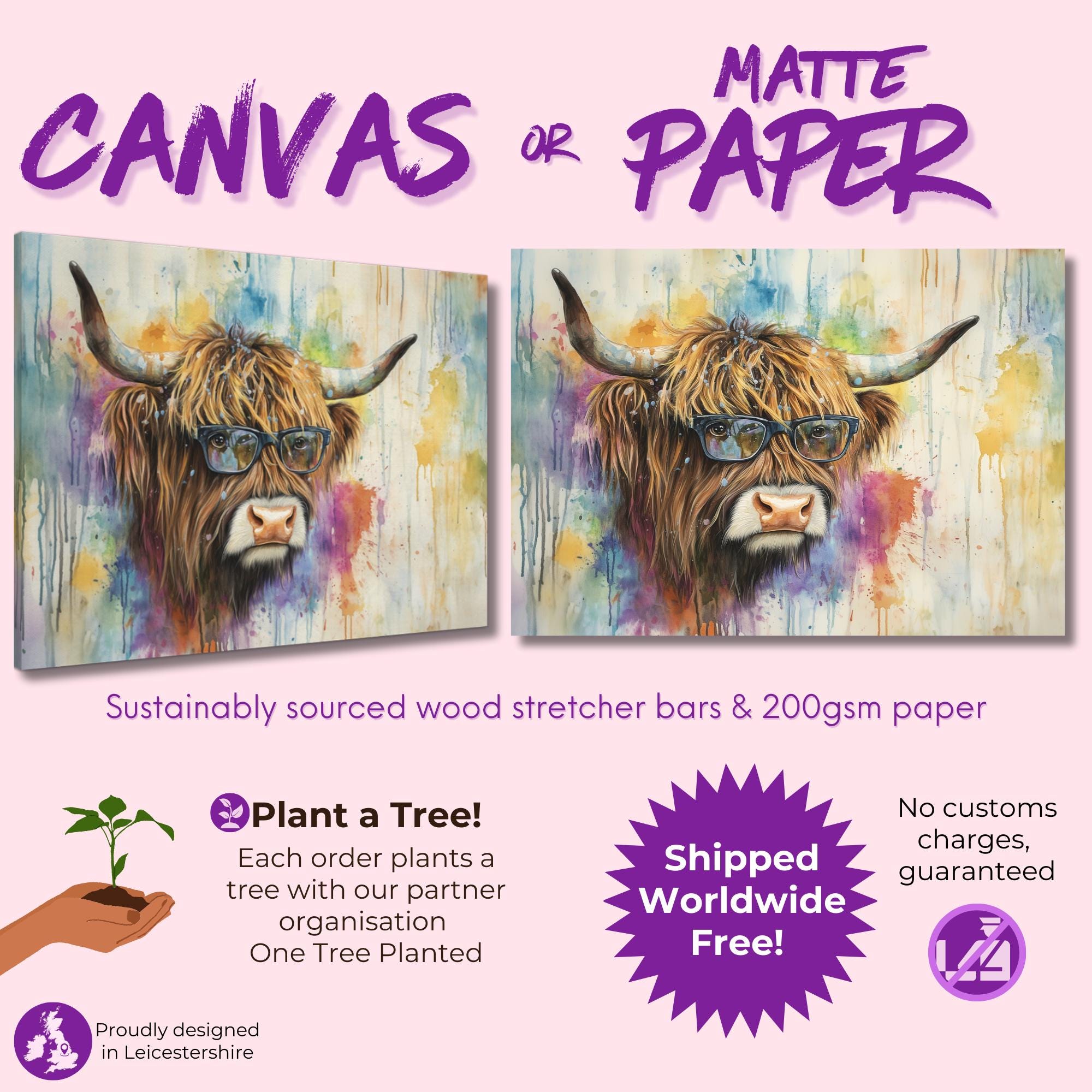 Highland Cow with Glasses Canvas / Poster Print. Watercolour Paint Splash Wall Decor Gifts Scottish Shaggy Cow Painting Farm Animal Farmer - CanvasityCrafts - Free Shipping