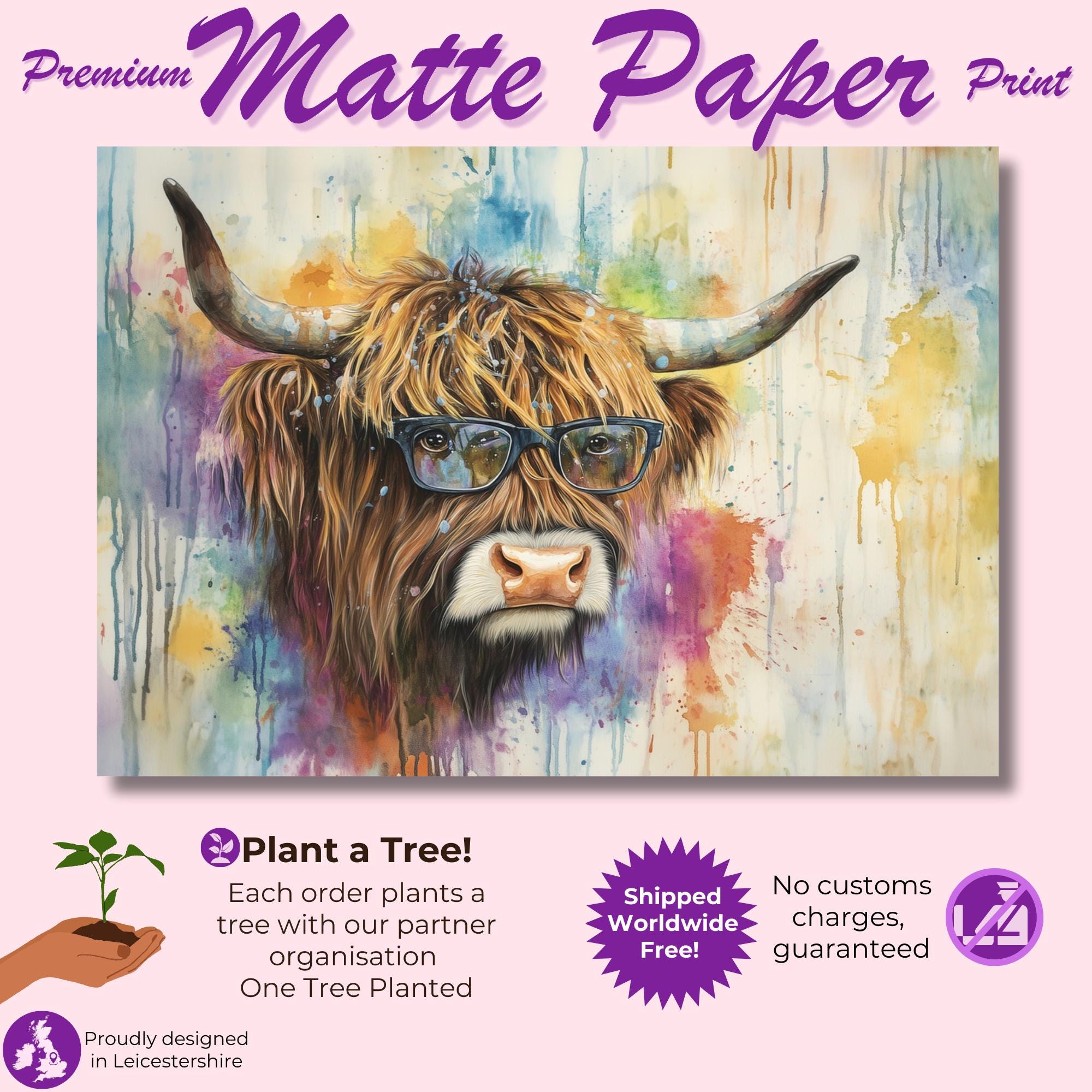 Highland Cow with Glasses Canvas / Poster Print. Watercolour Paint Splash Wall Decor Gifts Scottish Shaggy Cow Painting Farm Animal Farmer - CanvasityCrafts - Free Shipping