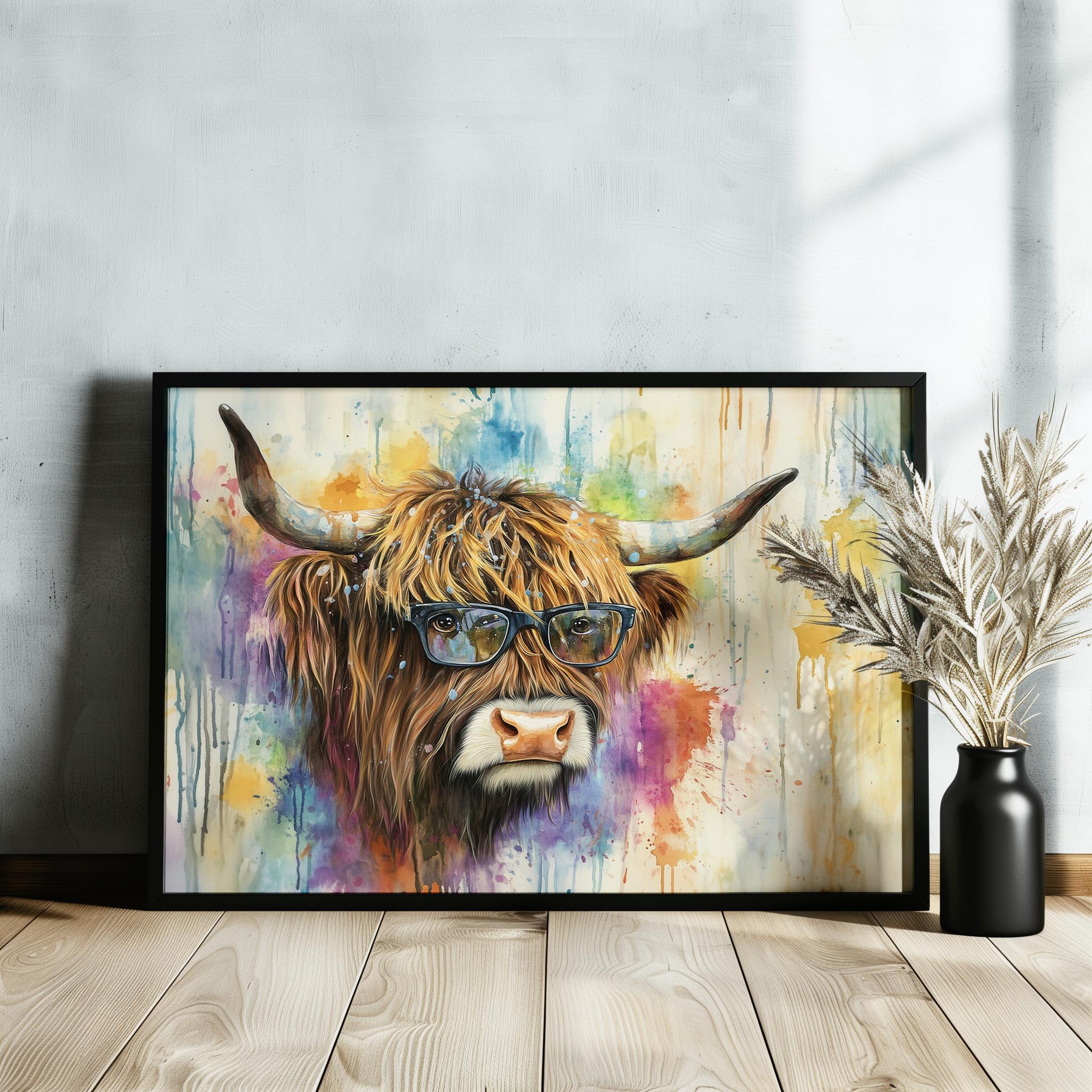 Highland Cow with Glasses Canvas / Poster Print. Watercolour Paint Splash Wall Decor Gifts Scottish Shaggy Cow Painting Farm Animal Farmer - CanvasityCrafts - Free Shipping