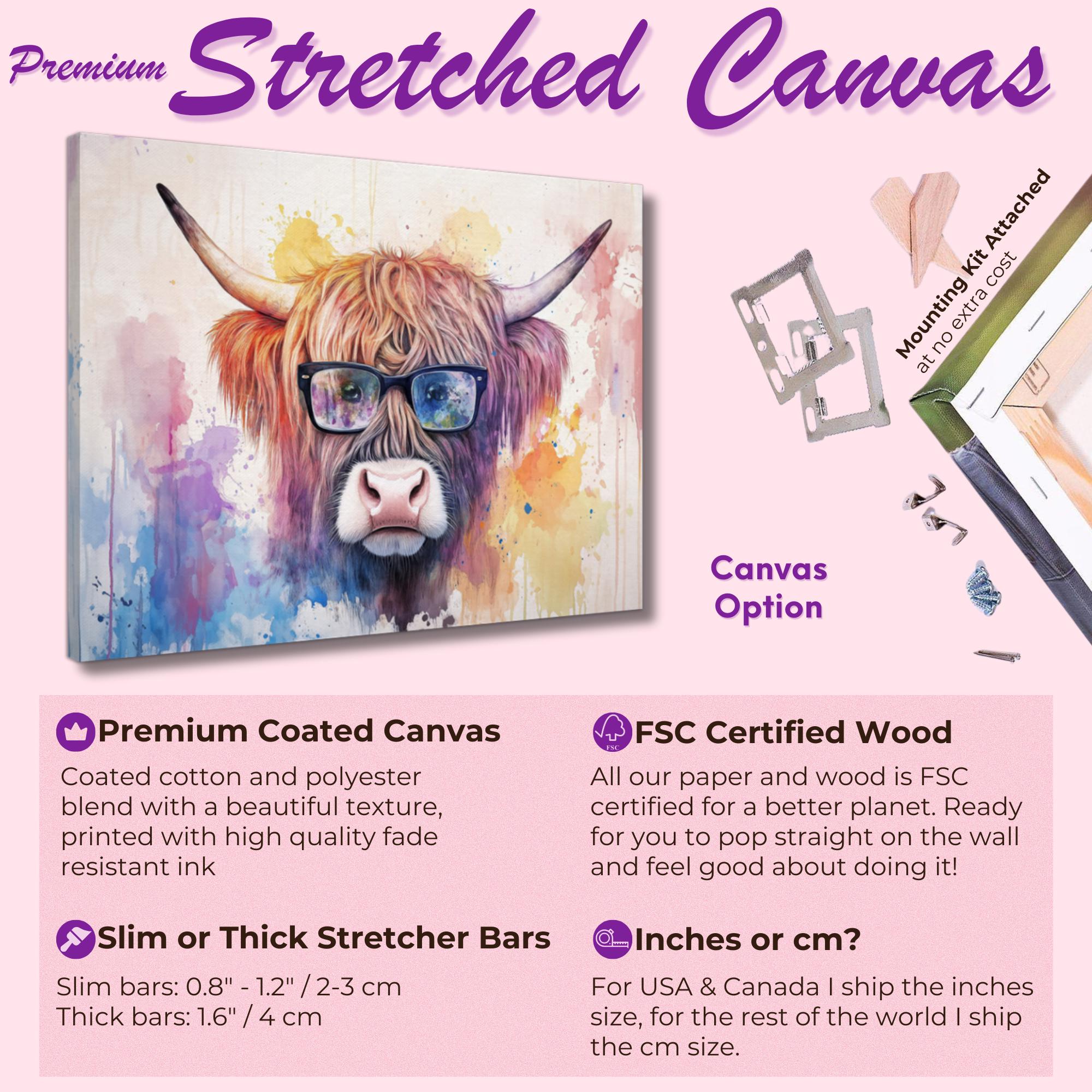 Highland Cow with Glasses Canvas / Poster Print. Watercolour Paint Splash Wall Decor Gifts Scottish Shaggy Cow Painting Farm Animal Farmer - CanvasityCrafts - Free Shipping