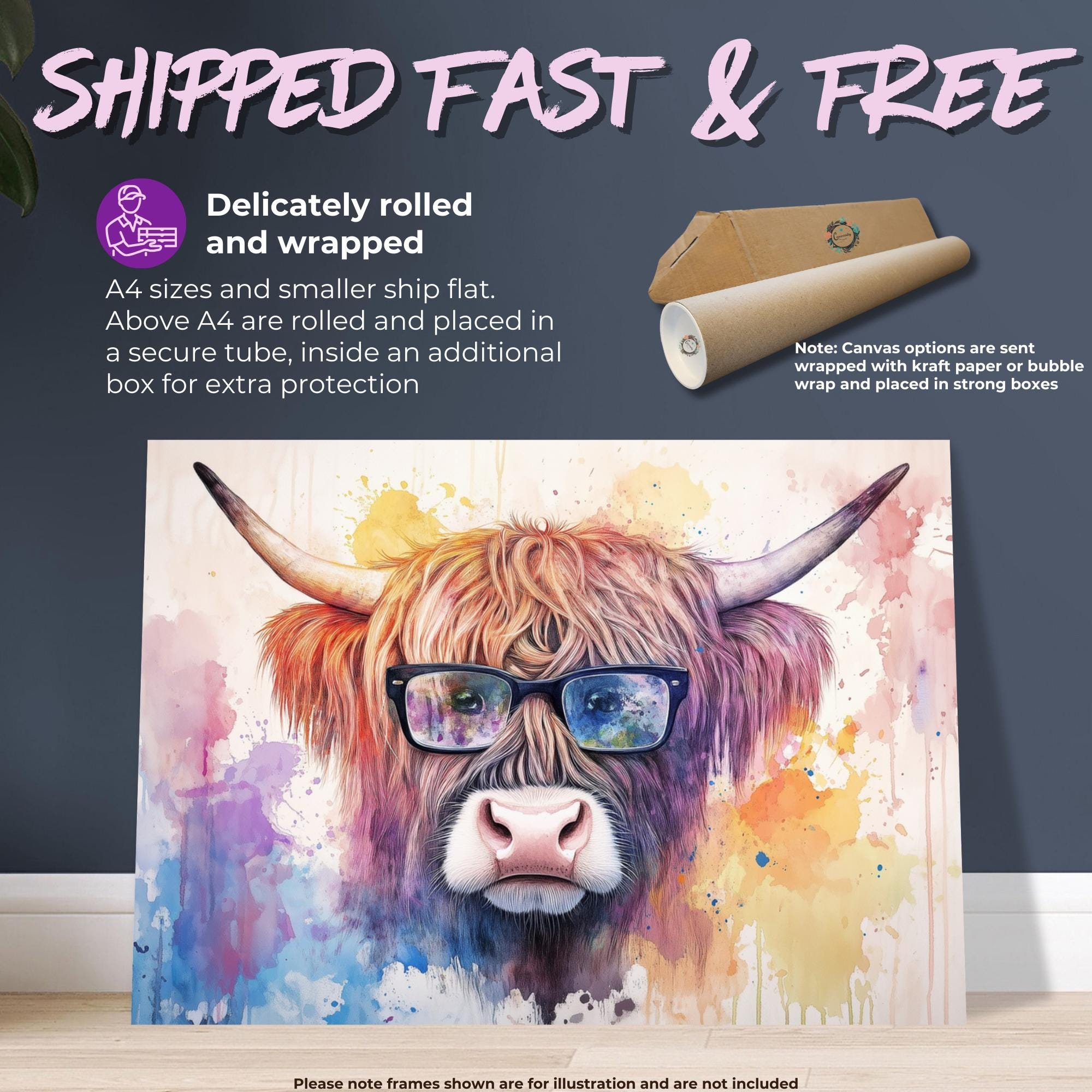 Highland Cow with Glasses Canvas / Poster Print. Watercolour Paint Splash Wall Decor Gifts Scottish Shaggy Cow Painting Farm Animal Farmer - CanvasityCrafts - Free Shipping