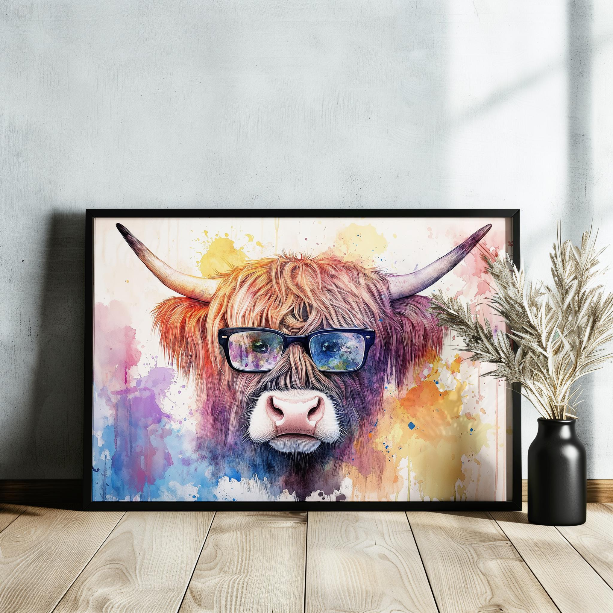 Highland Cow with Glasses Canvas / Poster Print. Watercolour Paint Splash Wall Decor Gifts Scottish Shaggy Cow Painting Farm Animal Farmer - CanvasityCrafts - Free Shipping