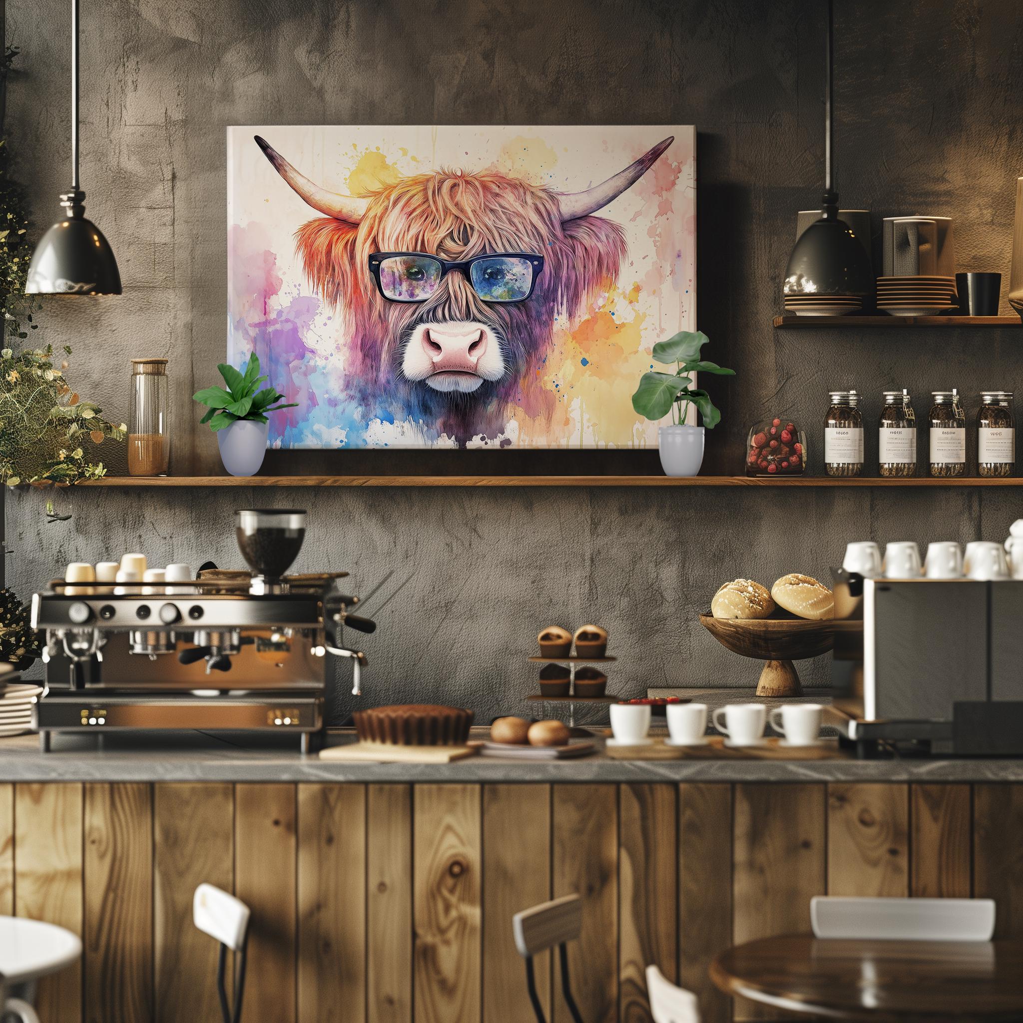 Highland Cow with Glasses Canvas / Poster Print. Watercolour Paint Splash Wall Decor Gifts Scottish Shaggy Cow Painting Farm Animal Farmer - CanvasityCrafts - Free Shipping