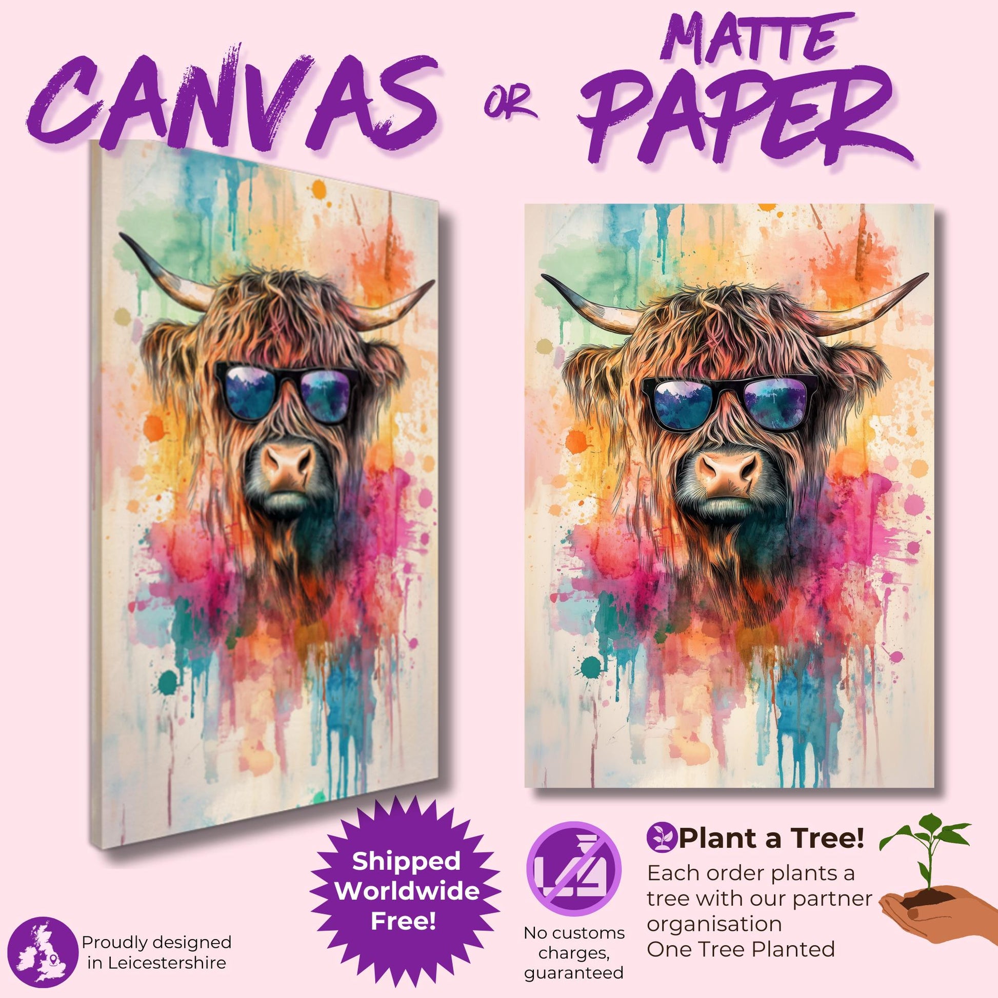 Highland Cow with Sunglasses Canvas / Poster Print. Watercolour Paint Splash Wall Decor Gift Scottish Shaggy Cow Painting Farm Animal Farmer - CanvasityCrafts - Free Shipping