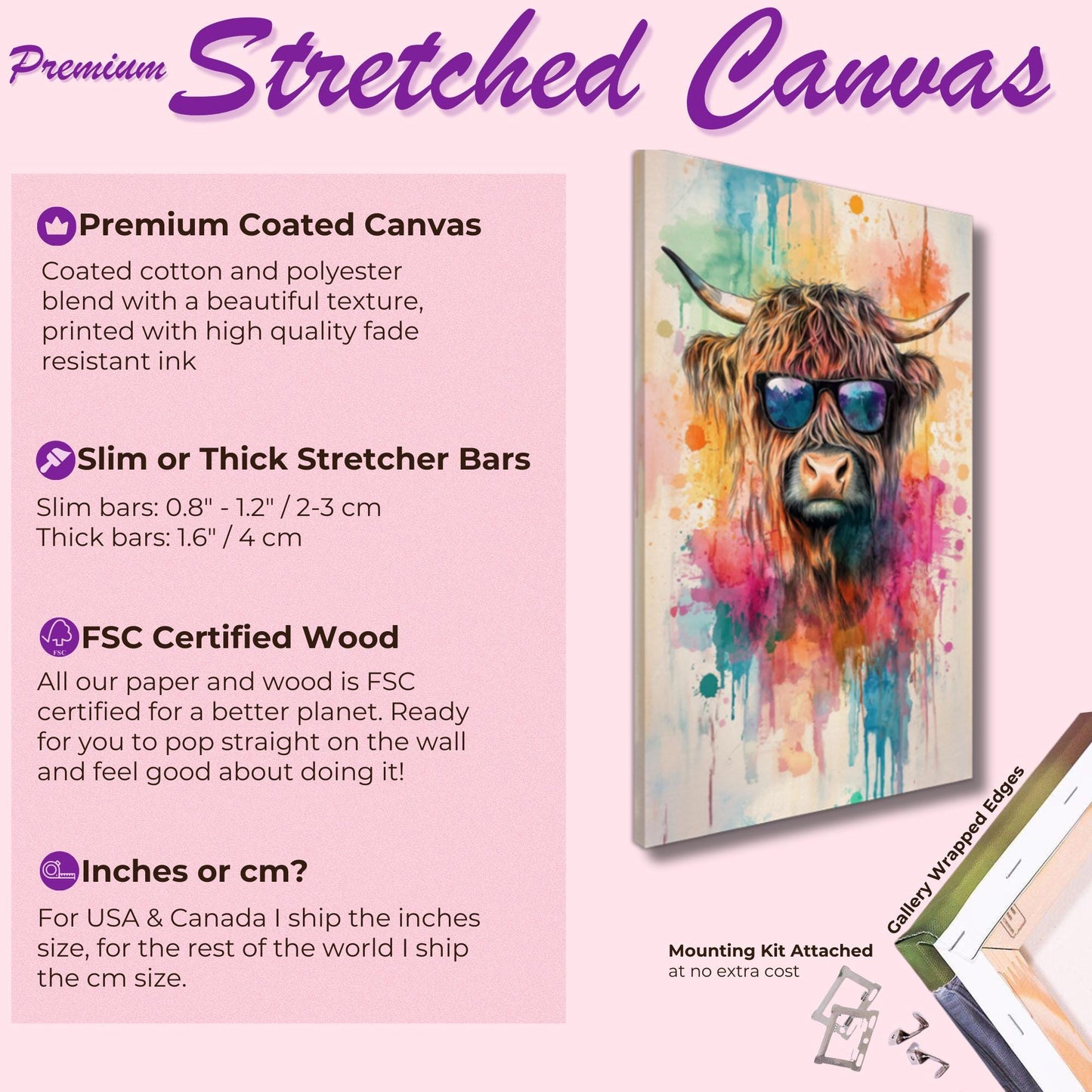 Highland Cow with Sunglasses Canvas / Poster Print. Watercolour Paint Splash Wall Decor Gift Scottish Shaggy Cow Painting Farm Animal Farmer - CanvasityCrafts - Free Shipping