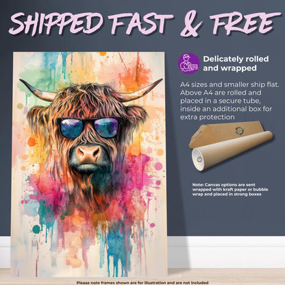 Highland Cow with Sunglasses Canvas / Poster Print. Watercolour Paint Splash Wall Decor Gift Scottish Shaggy Cow Painting Farm Animal Farmer - CanvasityCrafts - Free Shipping