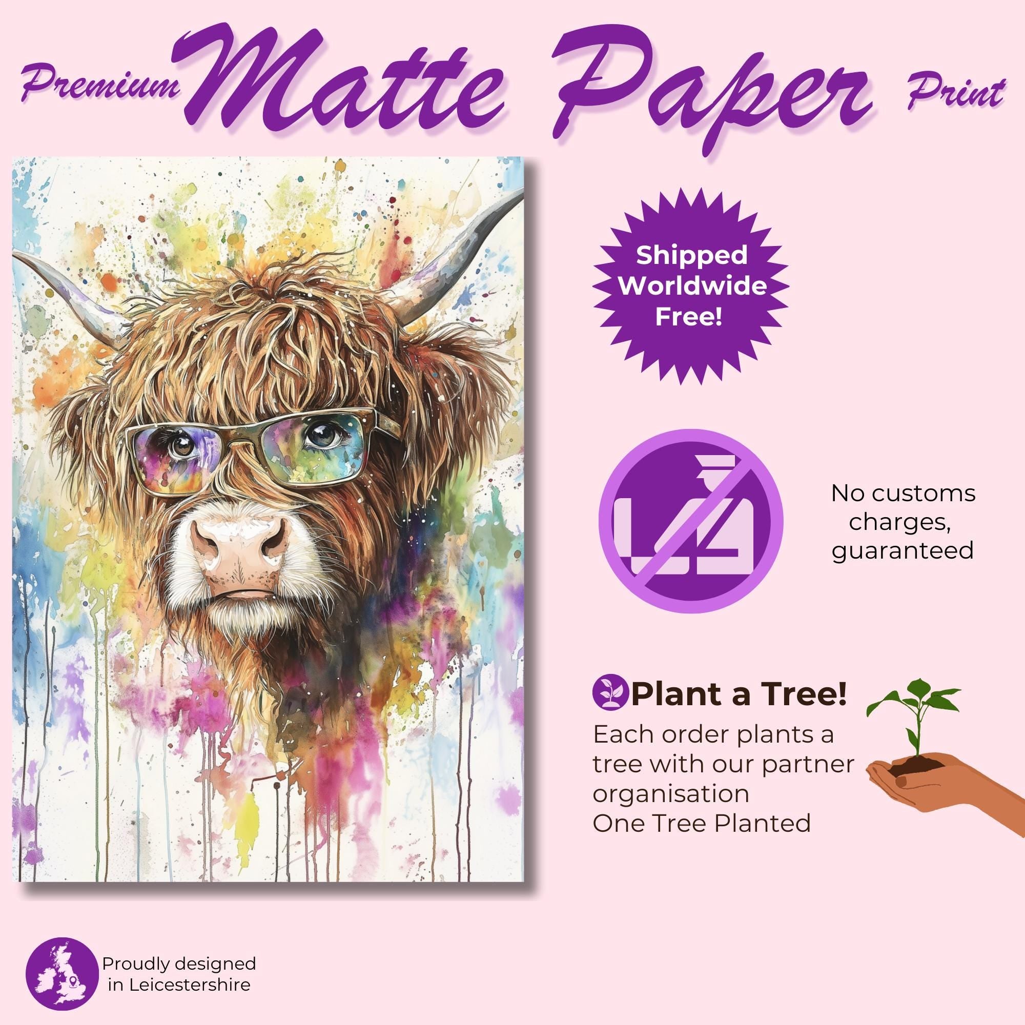 Highland Cow wearing Glasses Canvas / Poster Print. Watercolour Paint Splash Wall Decor Gift Scottish Shaggy Cow Painting Farm Animal Farmer - CanvasityCrafts - Free Shipping