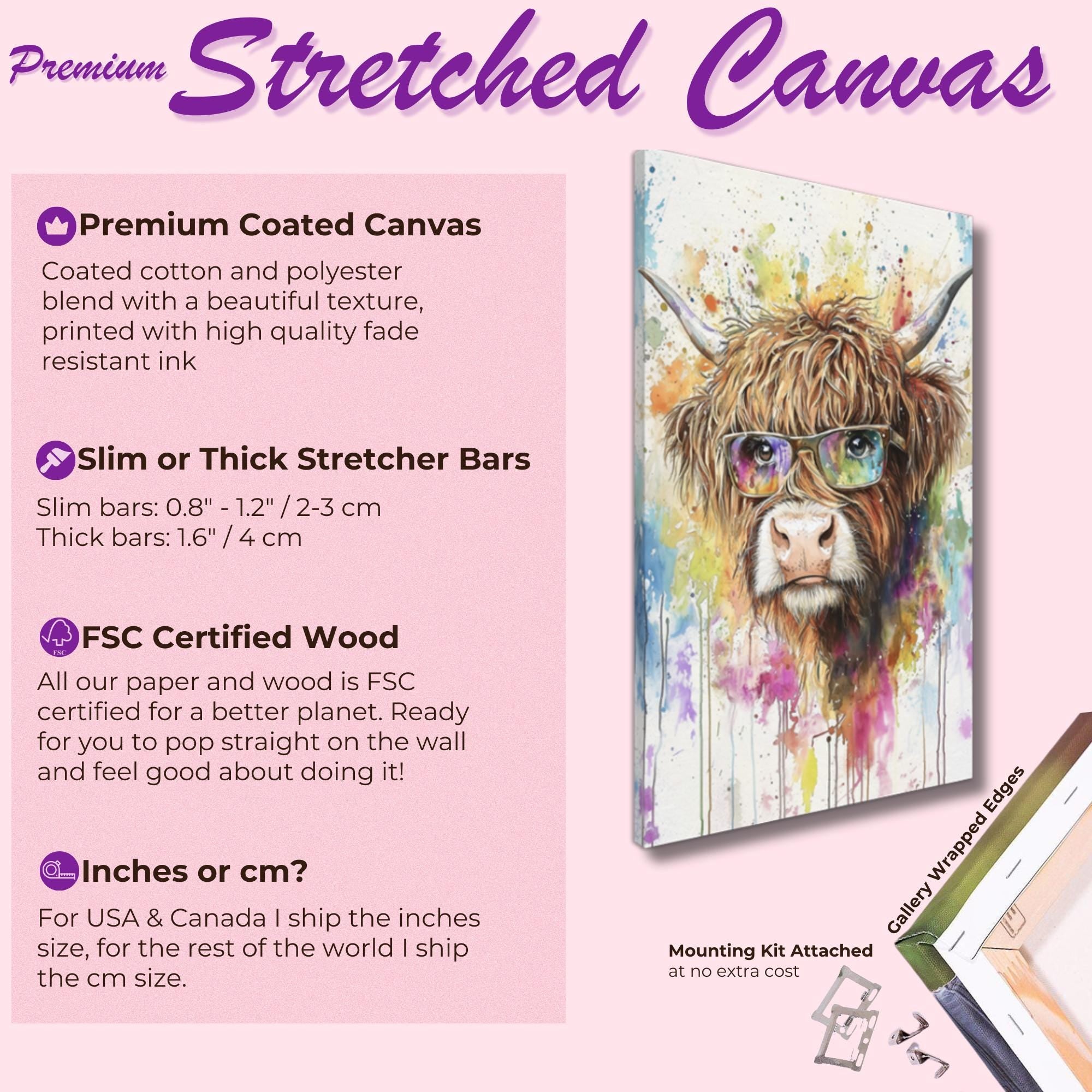 Highland Cow wearing Glasses Canvas / Poster Print. Watercolour Paint Splash Wall Decor Gift Scottish Shaggy Cow Painting Farm Animal Farmer - CanvasityCrafts - Free Shipping