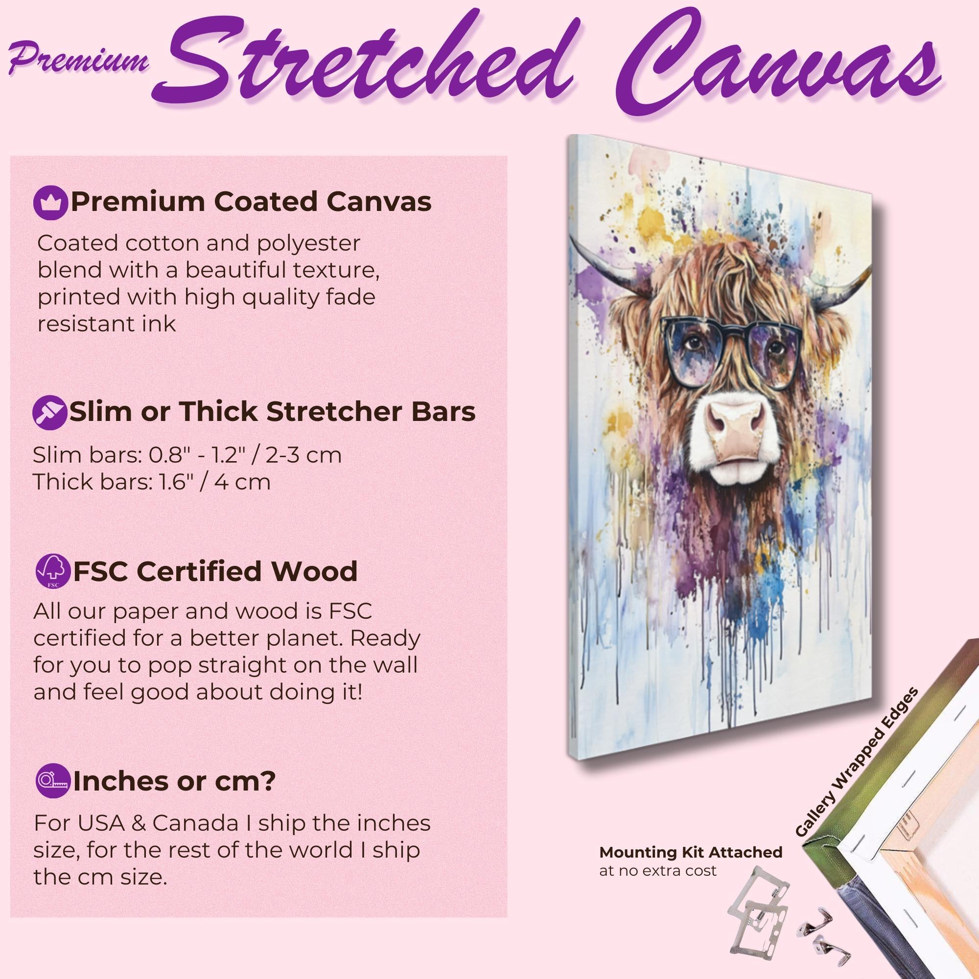 Highland Cow Wearing Glasses Canvas / Poster Print. Watercolour Paint Splash Wall Decor Gift Scottish Shaggy Cow Painting Farm Animal Farmer - CanvasityCrafts - Free Shipping
