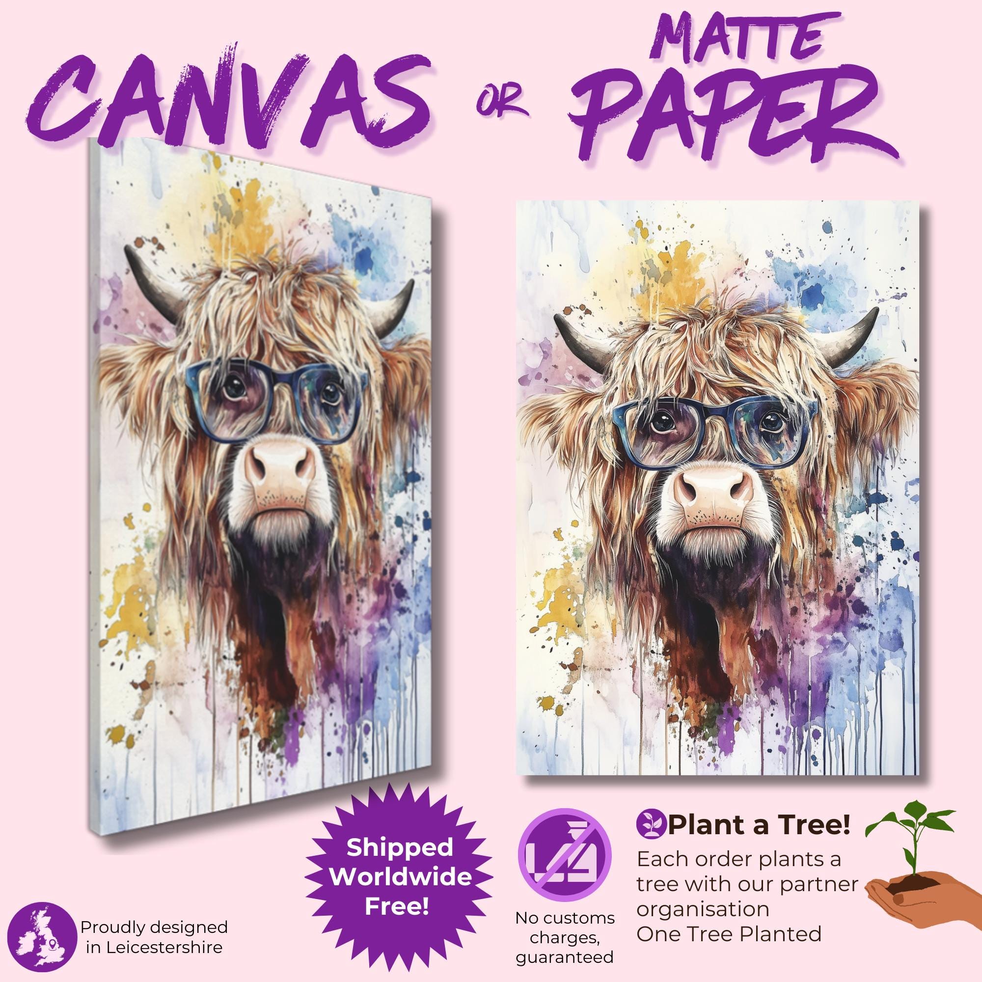Highland Cow Wearing Glasses Canvas / Poster Print. Watercolour Paint Splash Wall Decor Gift Scottish Shaggy Cow Painting Farm Animal Farmer - CanvasityCrafts - Free Shipping