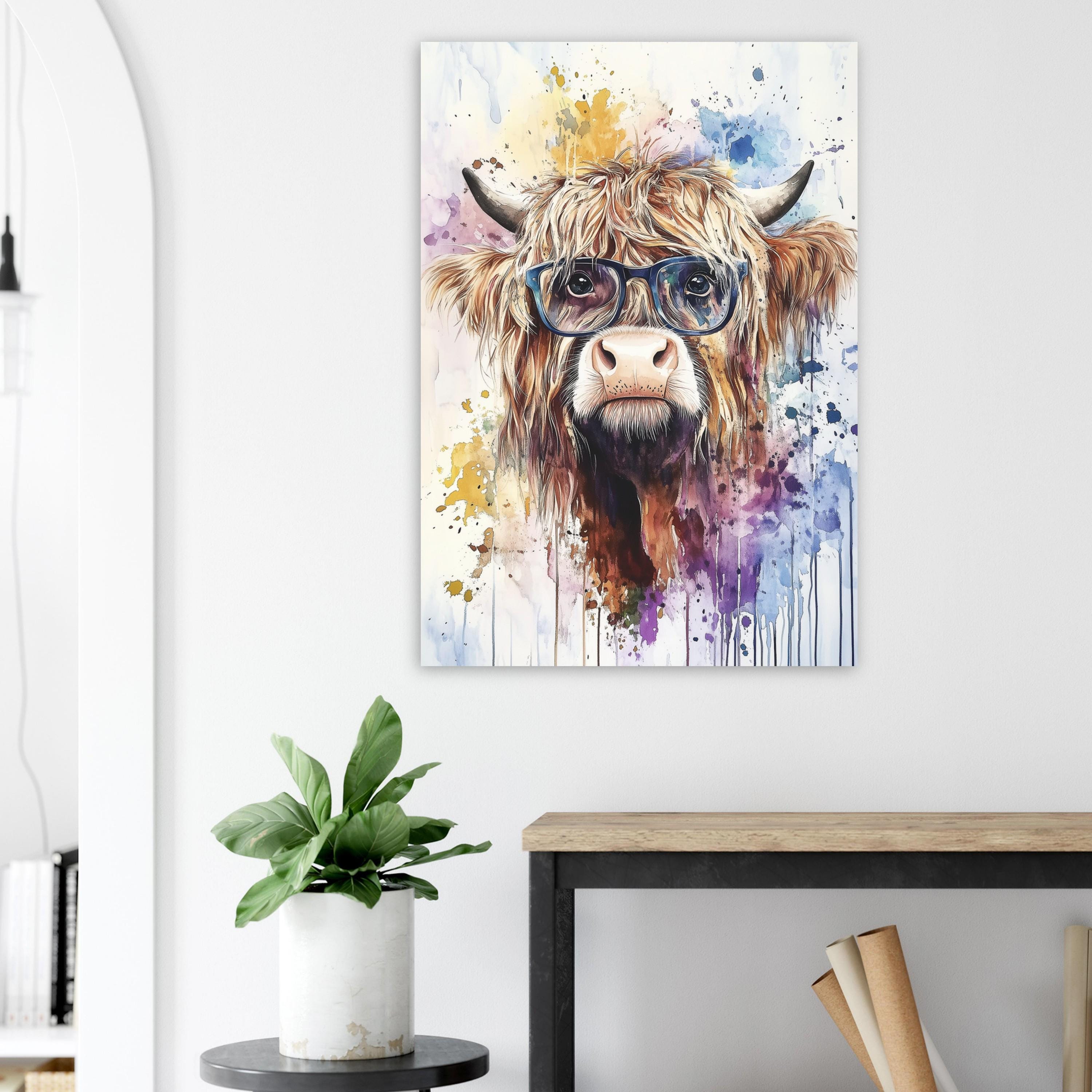 Highland Cow Wearing Glasses Canvas / Poster Print. Watercolour Paint Splash Wall Decor Gift Scottish Shaggy Cow Painting Farm Animal Farmer - CanvasityCrafts - Free Shipping