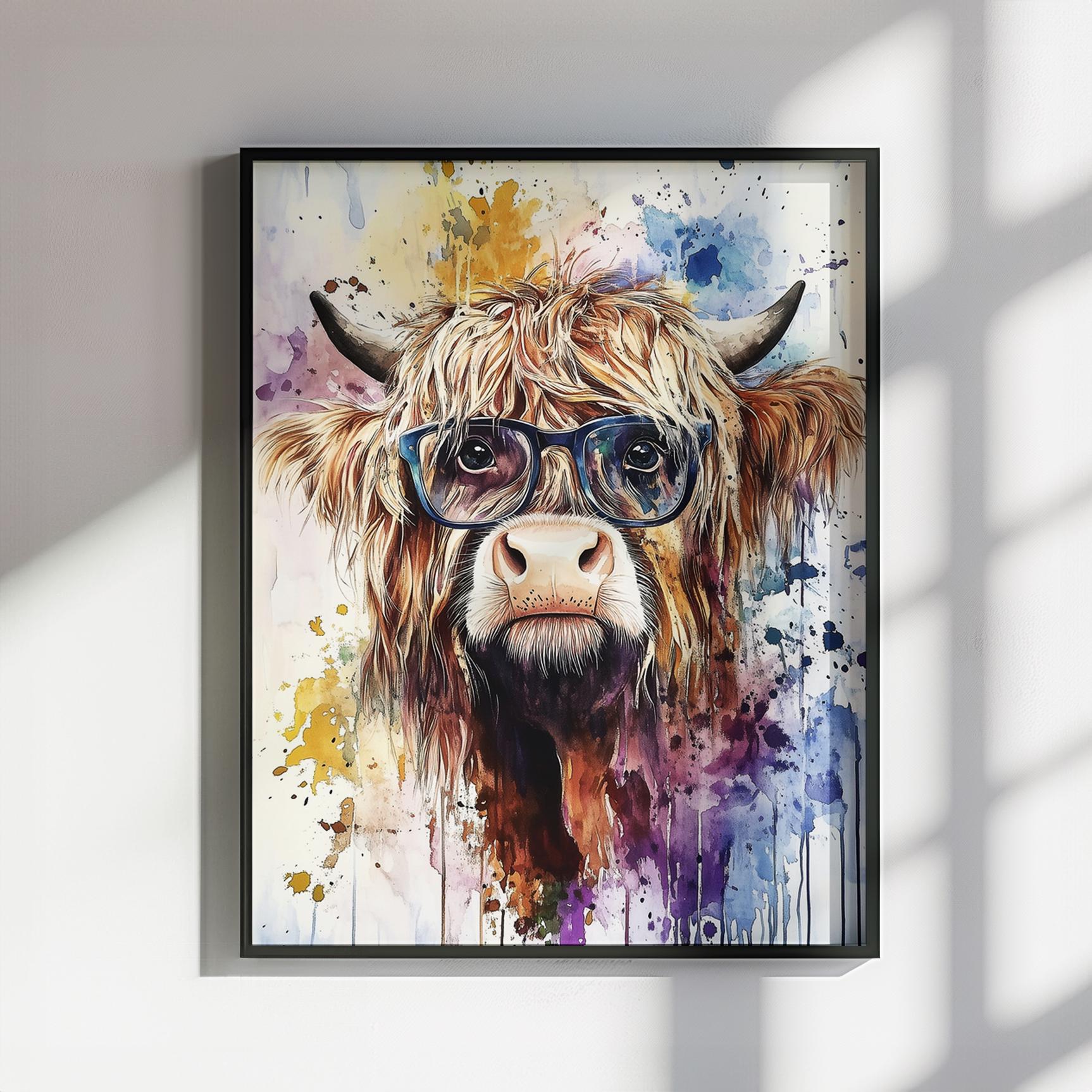 Highland Cow Wearing Glasses Canvas / Poster Print. Watercolour Paint Splash Wall Decor Gift Scottish Shaggy Cow Painting Farm Animal Farmer - CanvasityCrafts - Free Shipping