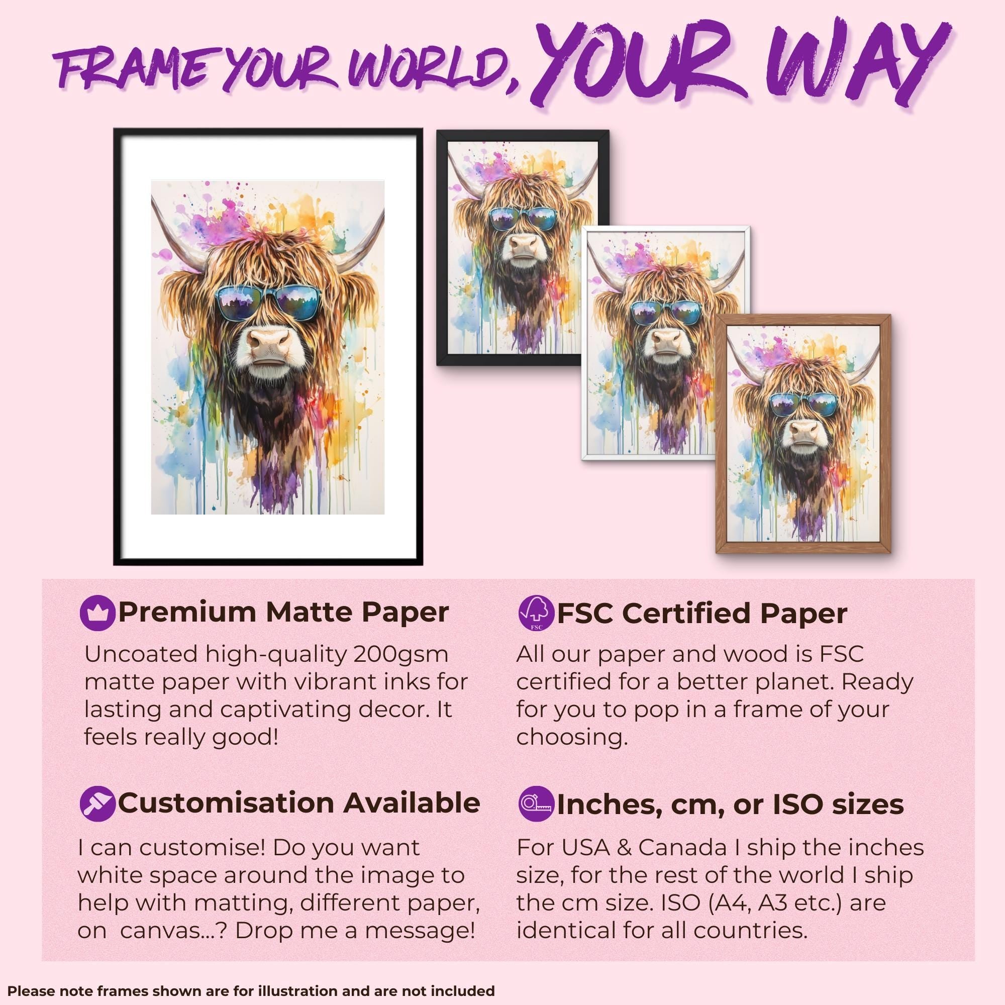 Highland Cow with Sunglasses Canvas / Poster Print. Watercolour Paint Splash Wall Decor Gift Scottish Shaggy Cow Painting Farm Animal Farmer - CanvasityCrafts - Free Shipping
