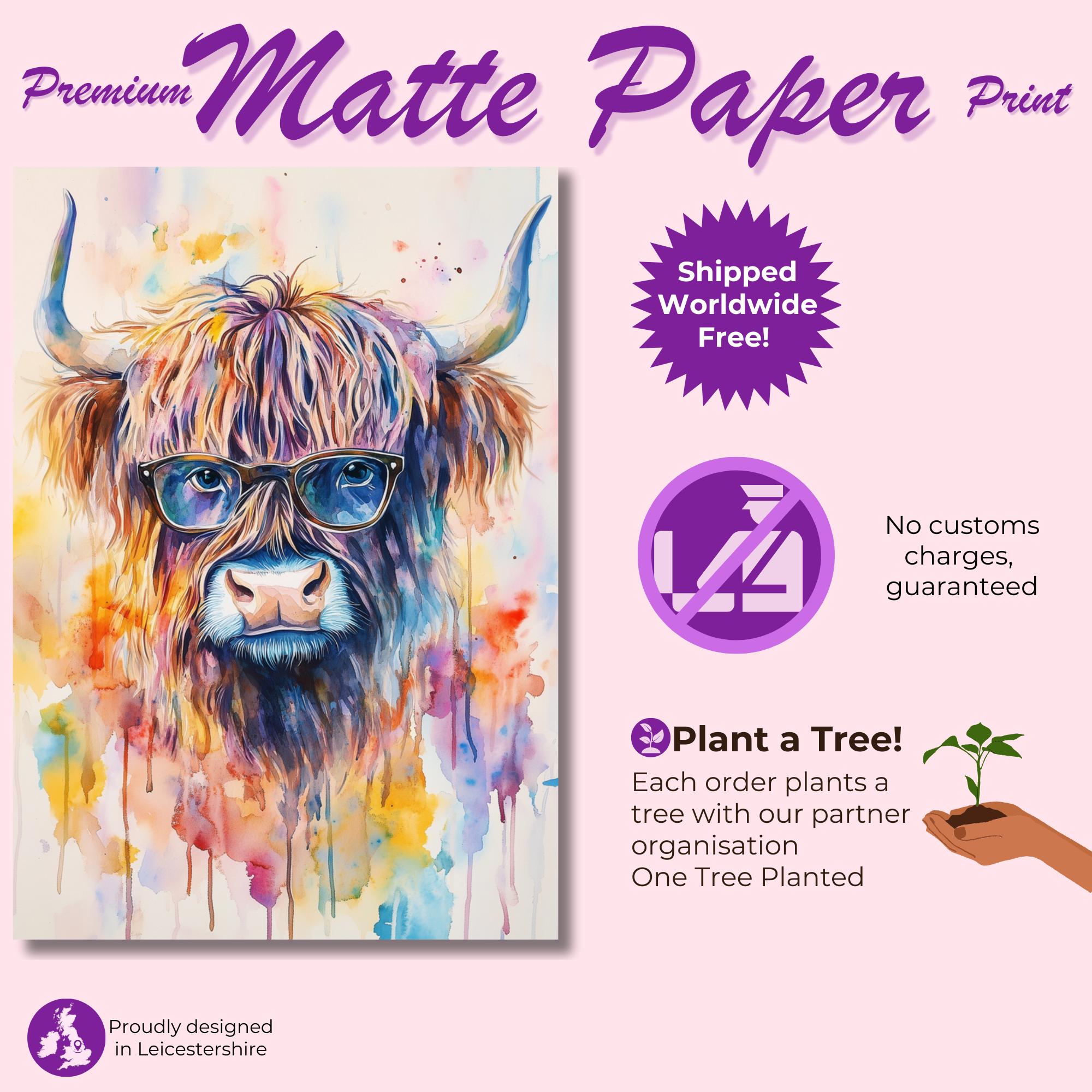 Highland Cow Wearing Glasses Canvas / Poster Print. Watercolour Paint Splash Wall Decor Gift Scottish Shaggy Cow Painting Farm Animal Farmer - CanvasityCrafts - Free Shipping